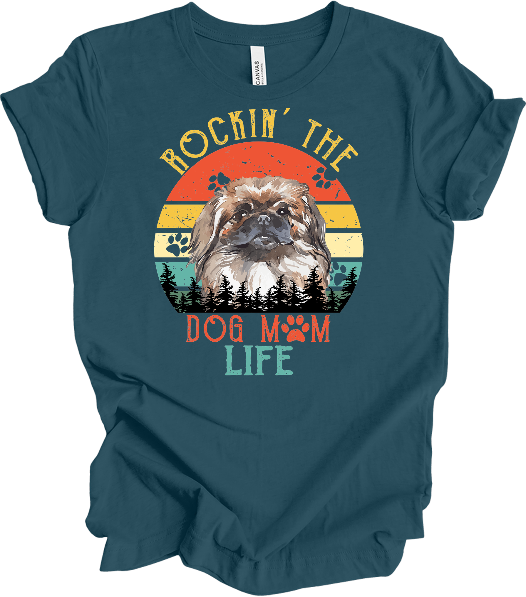 Pekingese Dog Mom Life Retro Sunset T-Shirt in Deep Teal