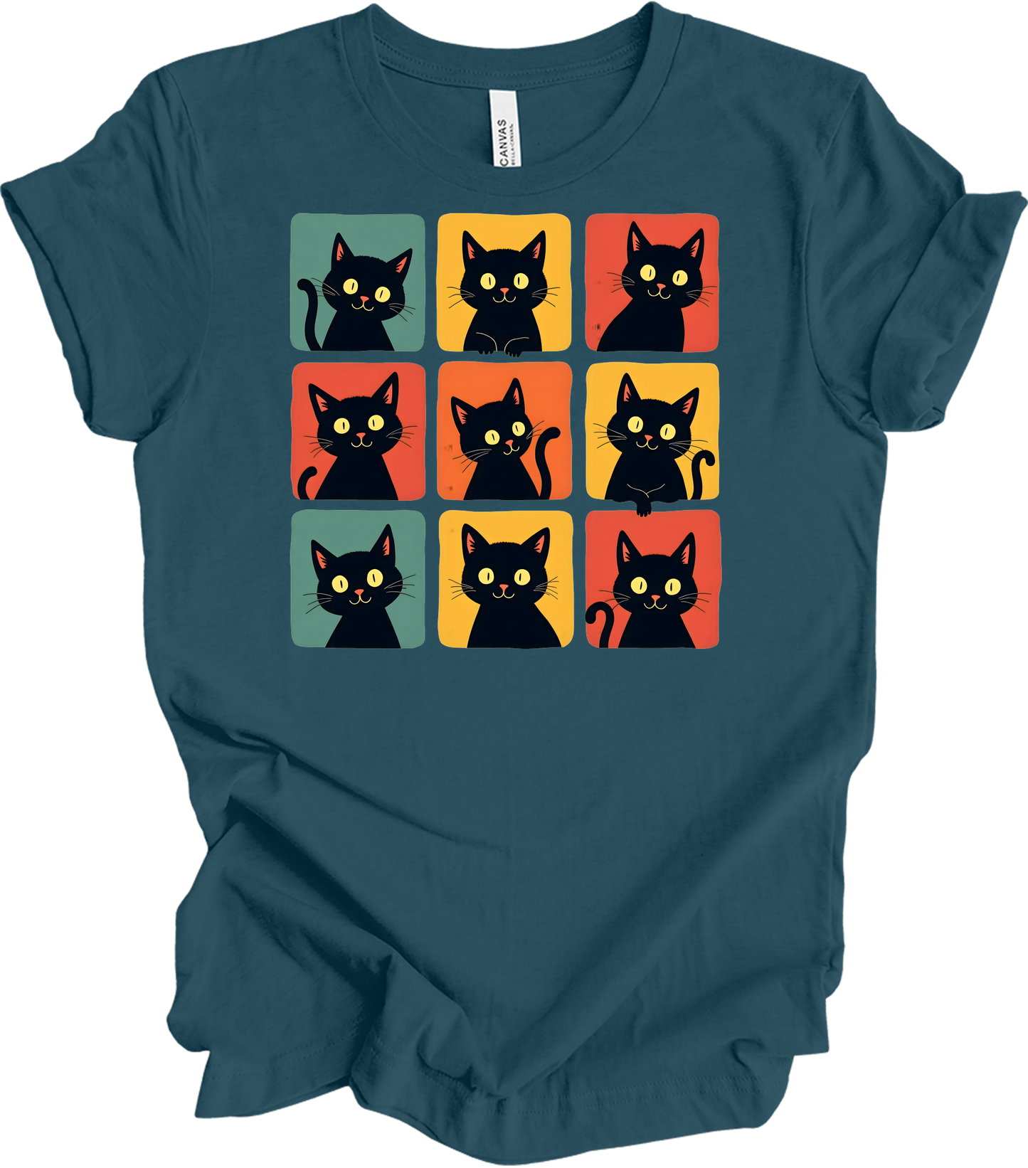 Retro Black Cat Faces T-Shirt in Deep Teal