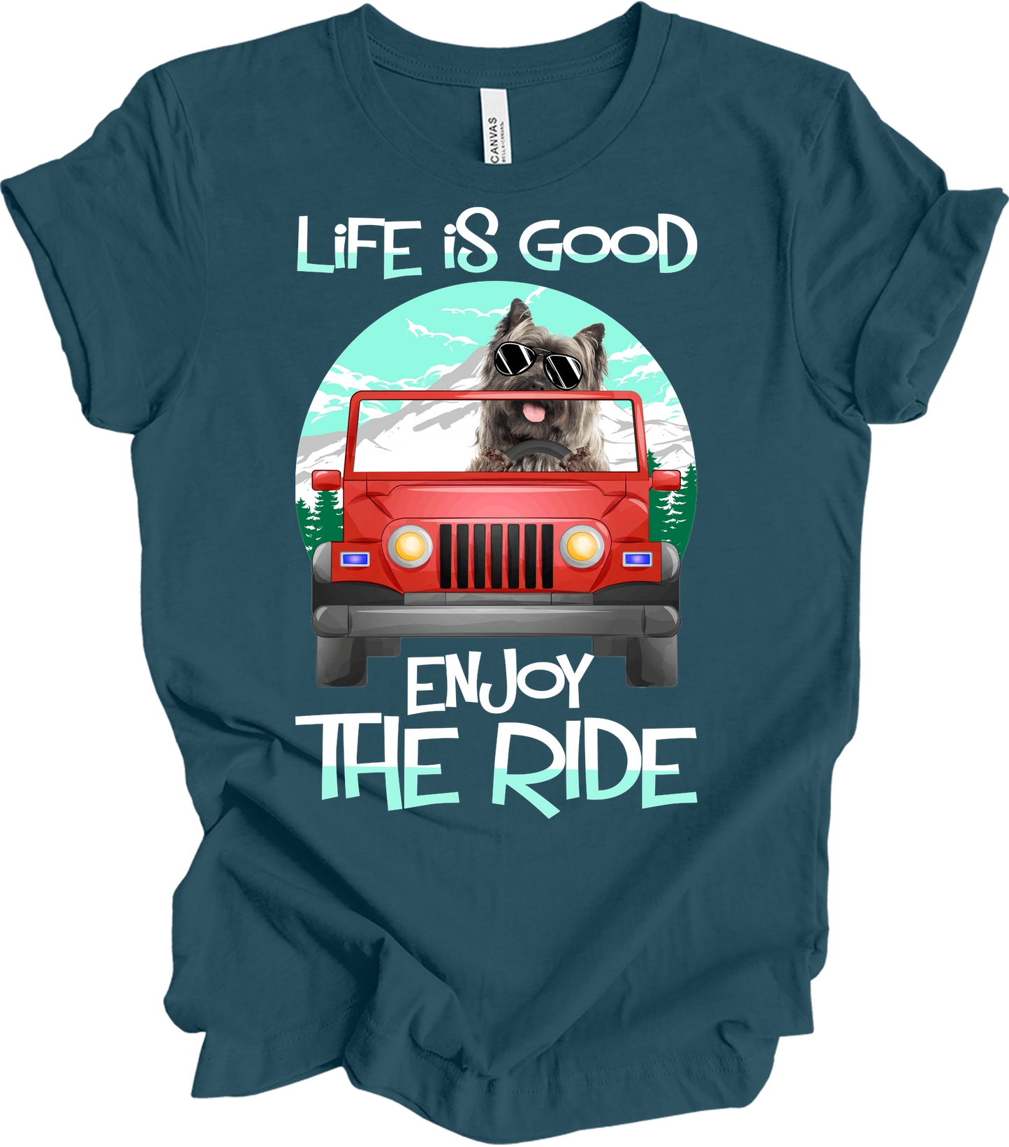 Life is Good Jeep Dog T-Shirt in Deep Teal