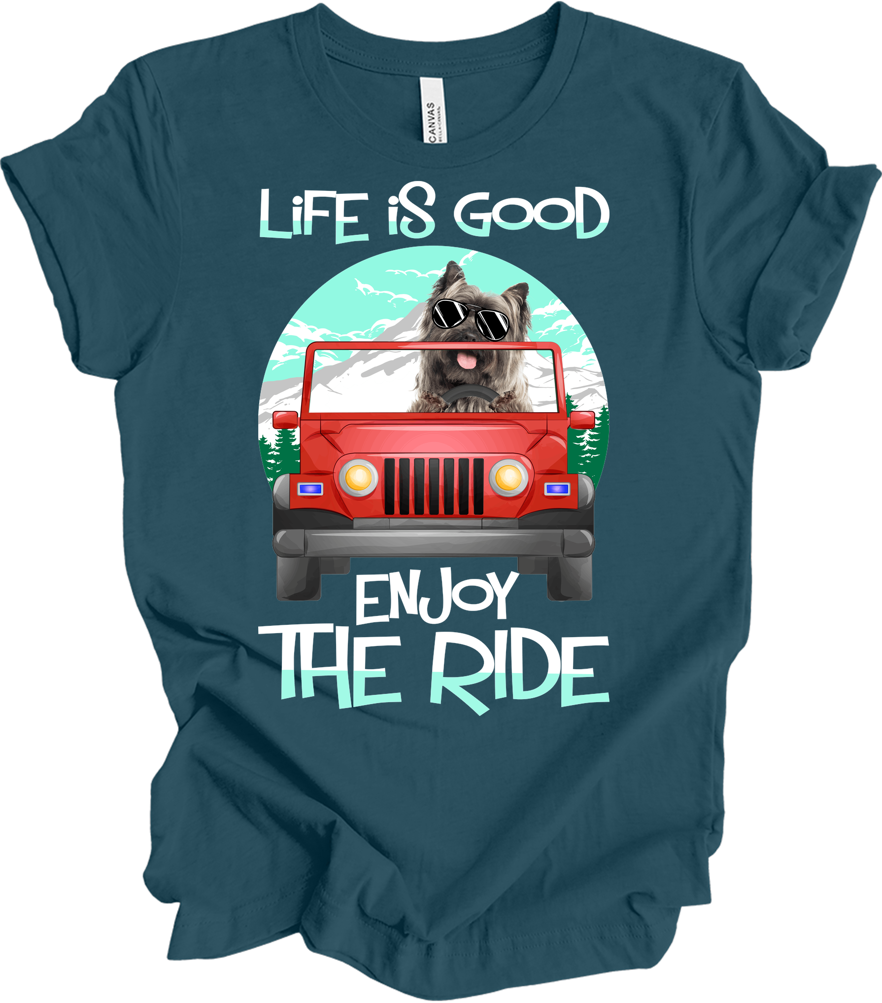Life is Good Jeep Dog T-Shirt in Deep Teal