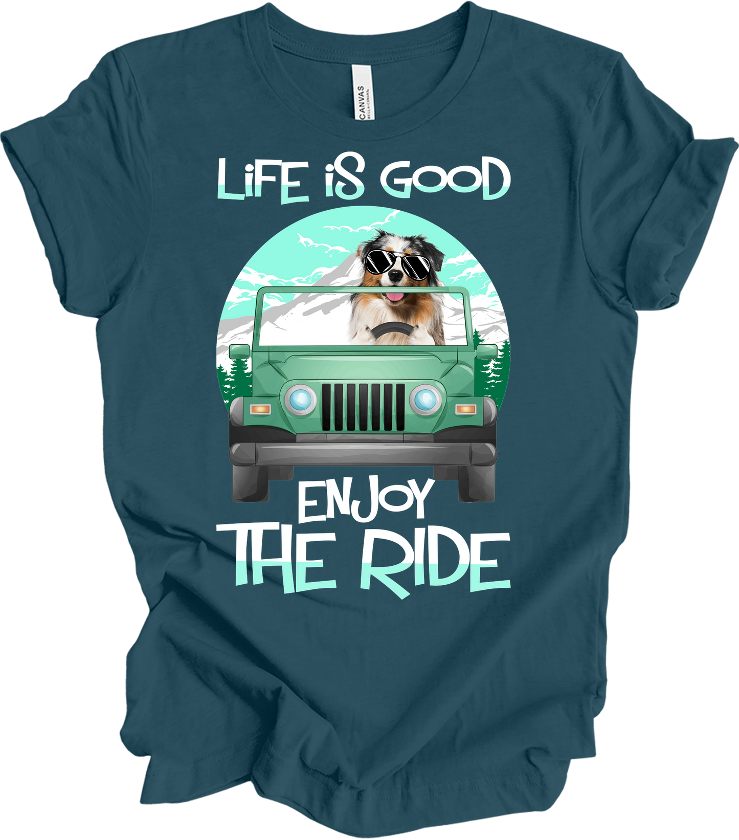 Australian Shepherd Jeep Dog - Life is Good Aussie Mom Gift T-Shirt in Deep Teal