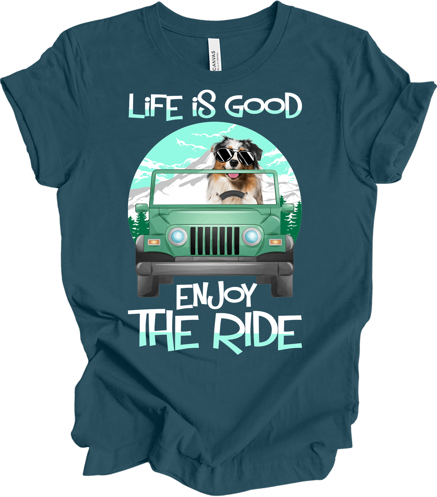 Australian Shepherd Jeep Dog - Life is Good Aussie Mom Gift T-Shirt in Deep Teal