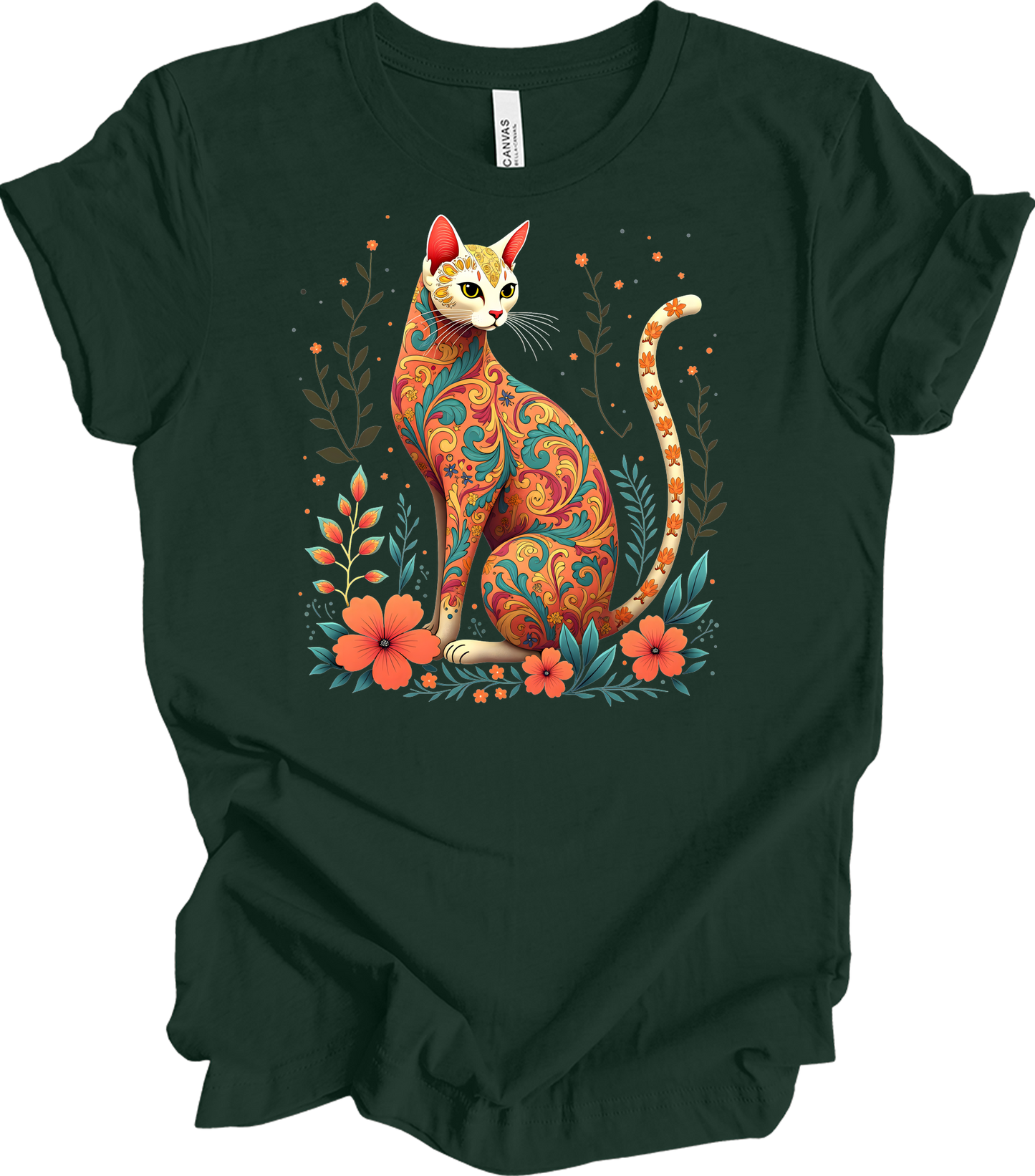 Floral Cat Art - Siamese Design T-Shirt in Forest