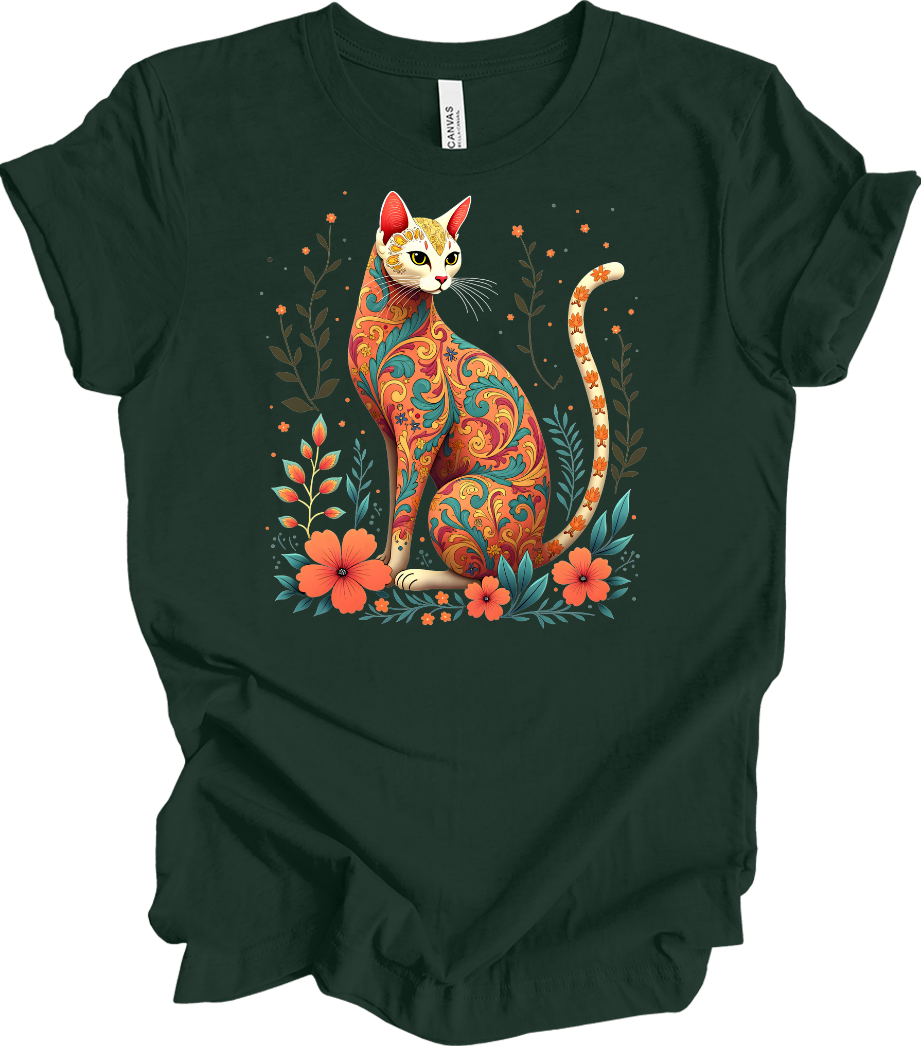 Floral Cat Art - Siamese Design T-Shirt in Forest