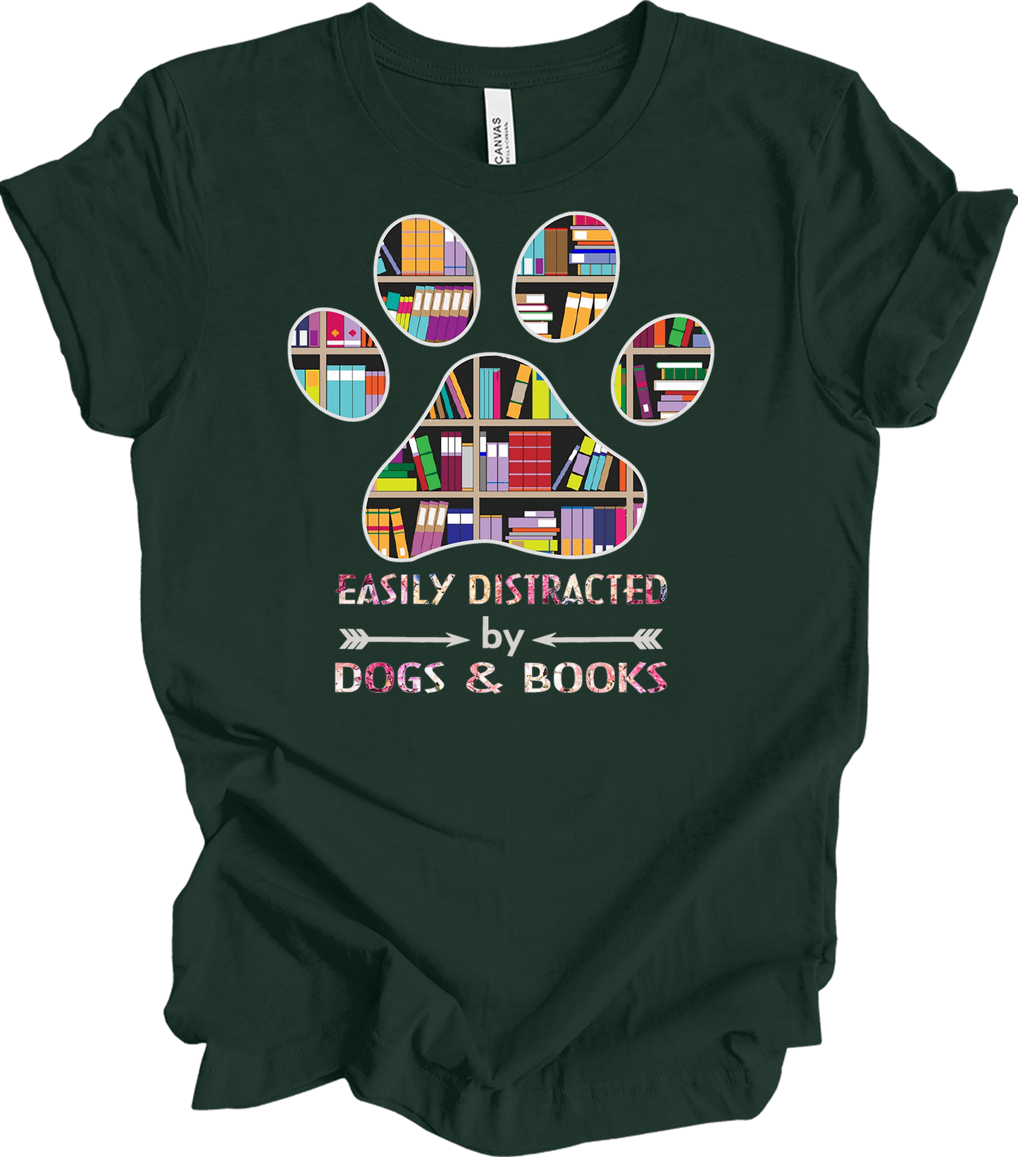 Colorful Paw Print Dogs & Books T-Shirt in Forest