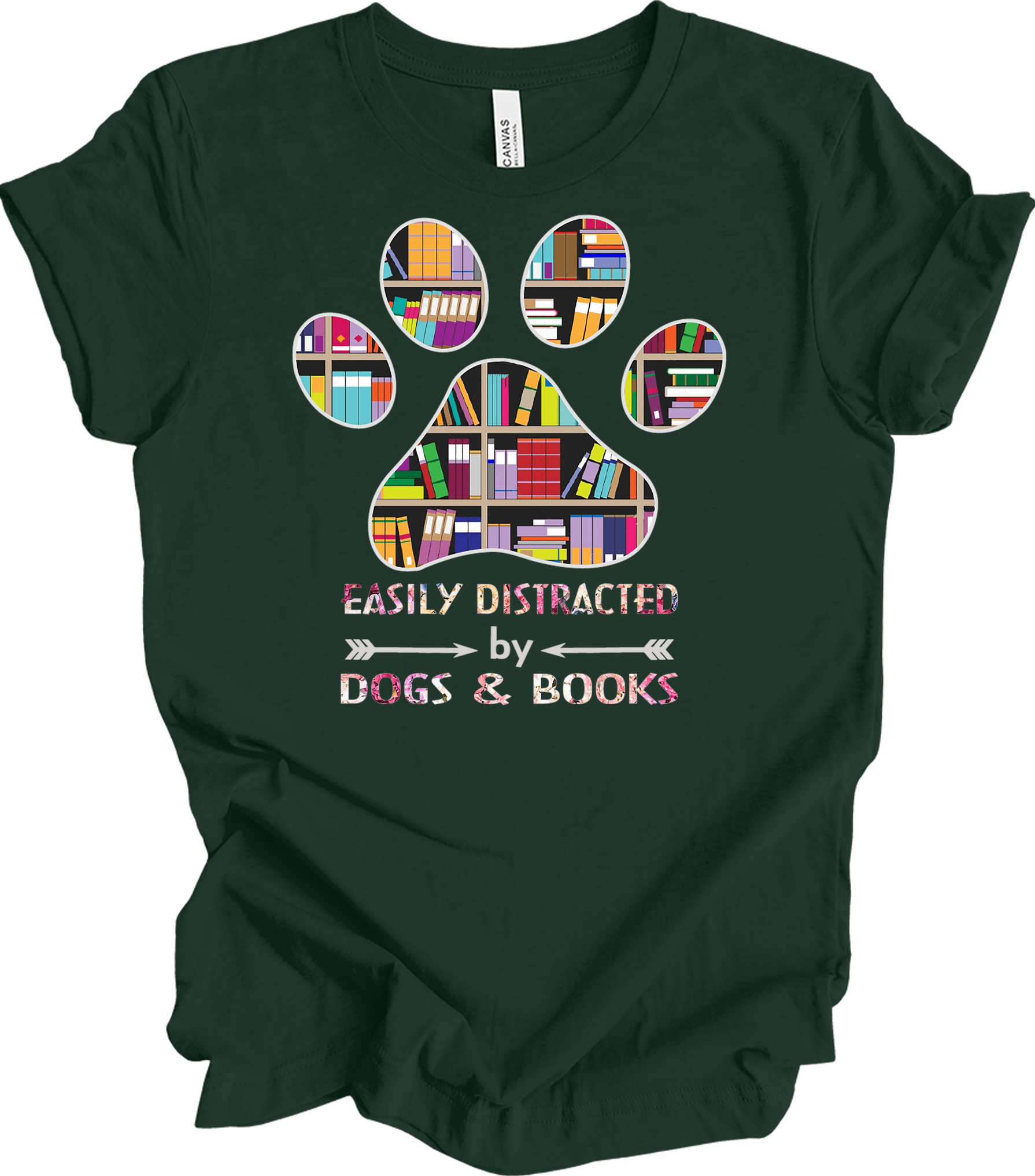 Colorful Paw Print Dogs & Books T-Shirt in Forest