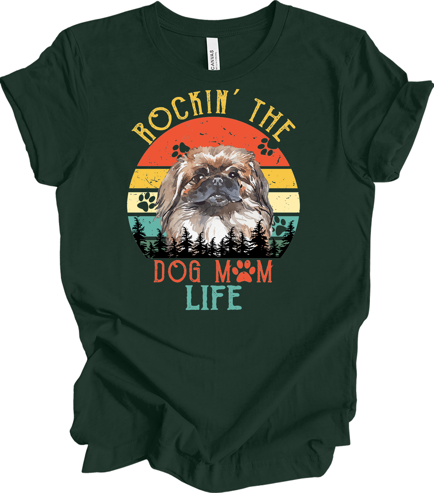 Pekingese Dog Mom Life Retro Sunset T-Shirt in Forest