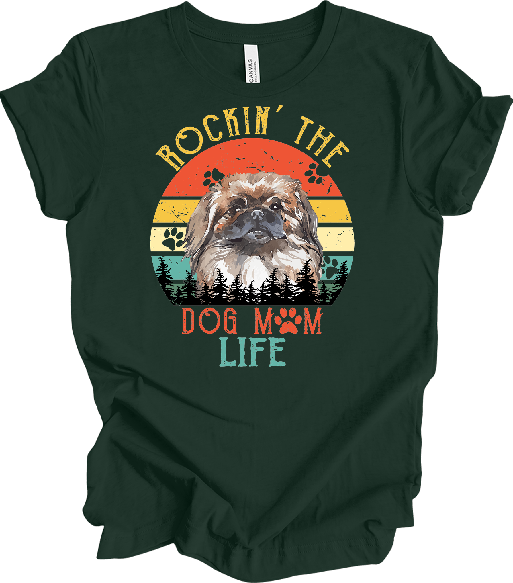 Pekingese Dog Mom Life Retro Sunset T-Shirt in Forest