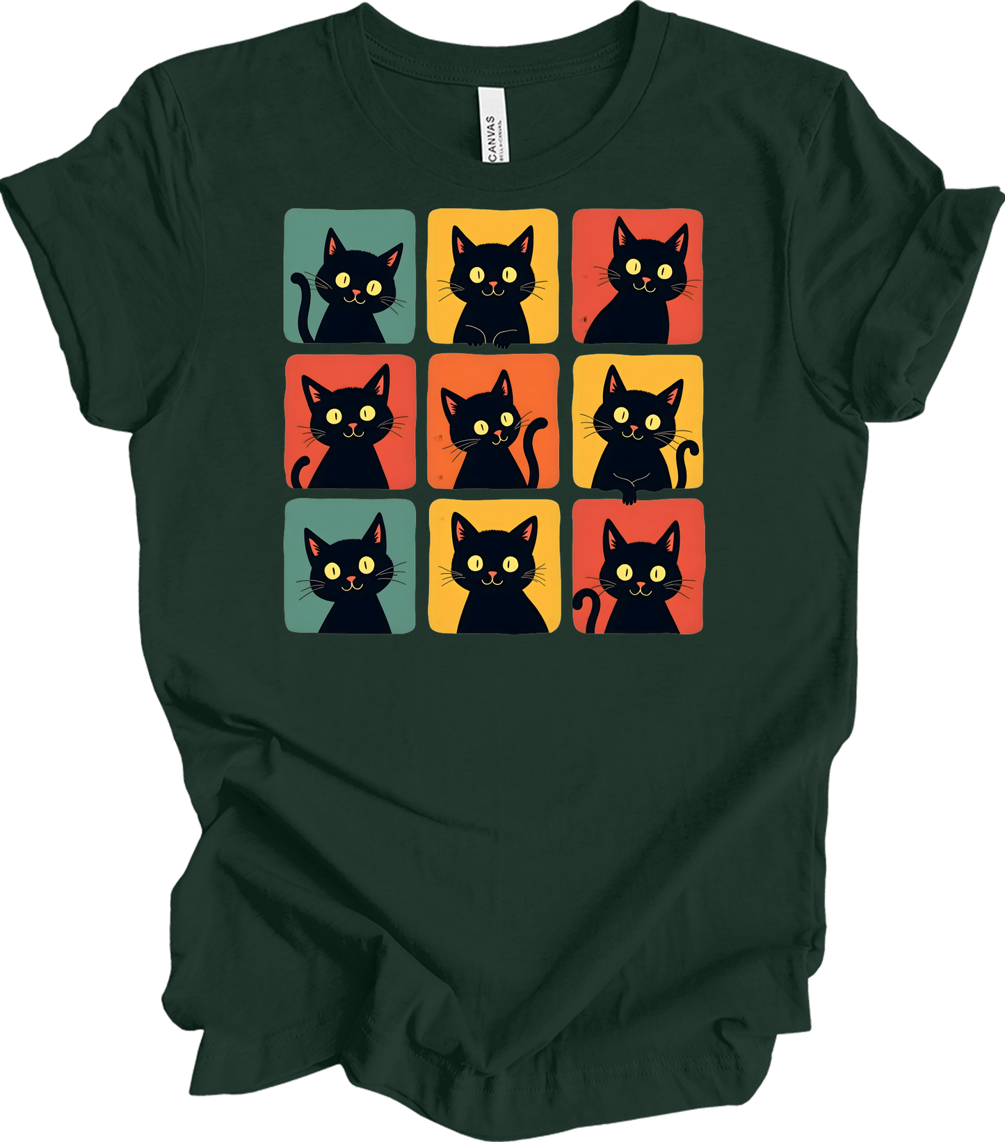 Retro Black Cat Faces T-Shirt in Forest