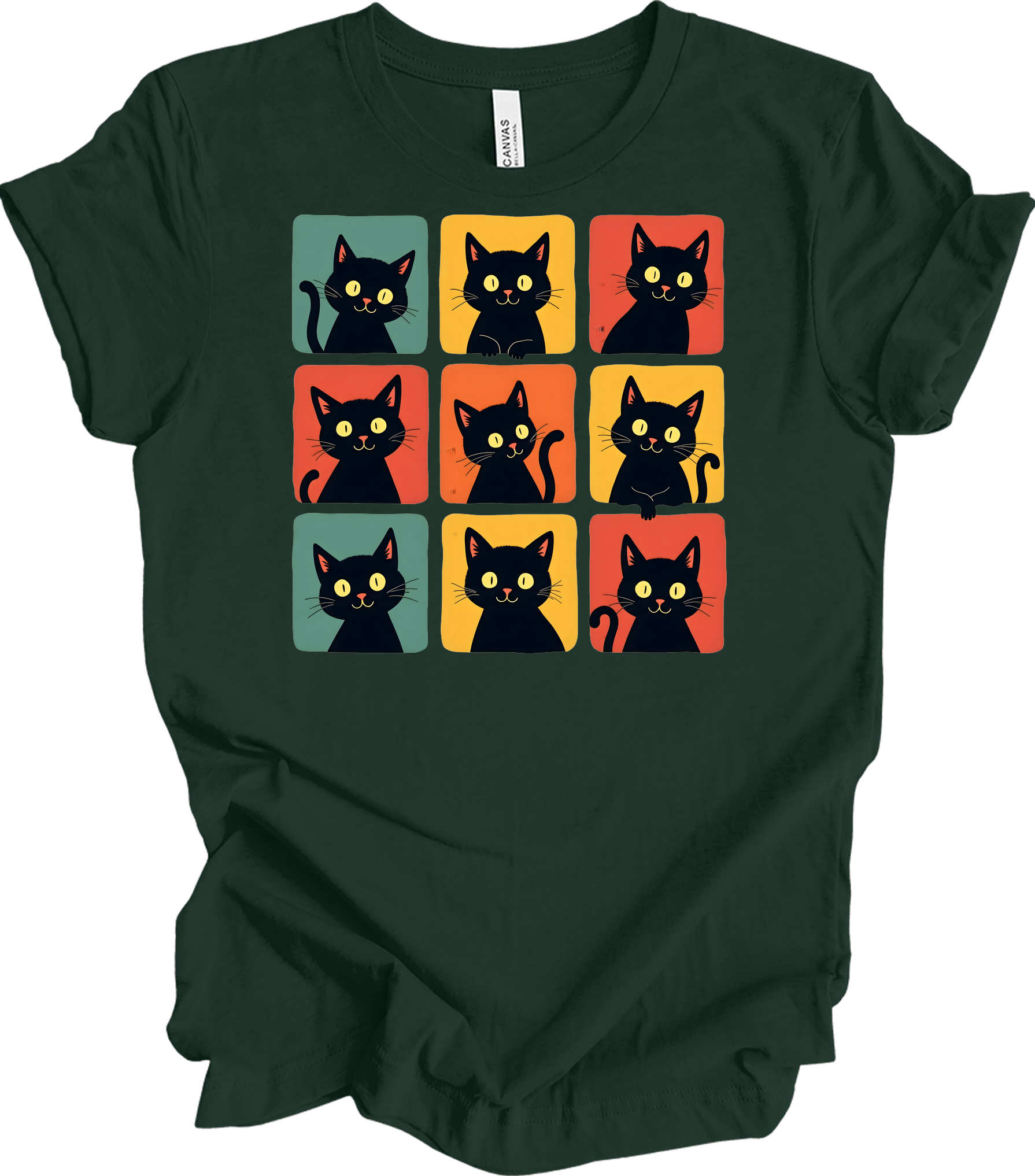 Retro Black Cat Faces T-Shirt in Forest