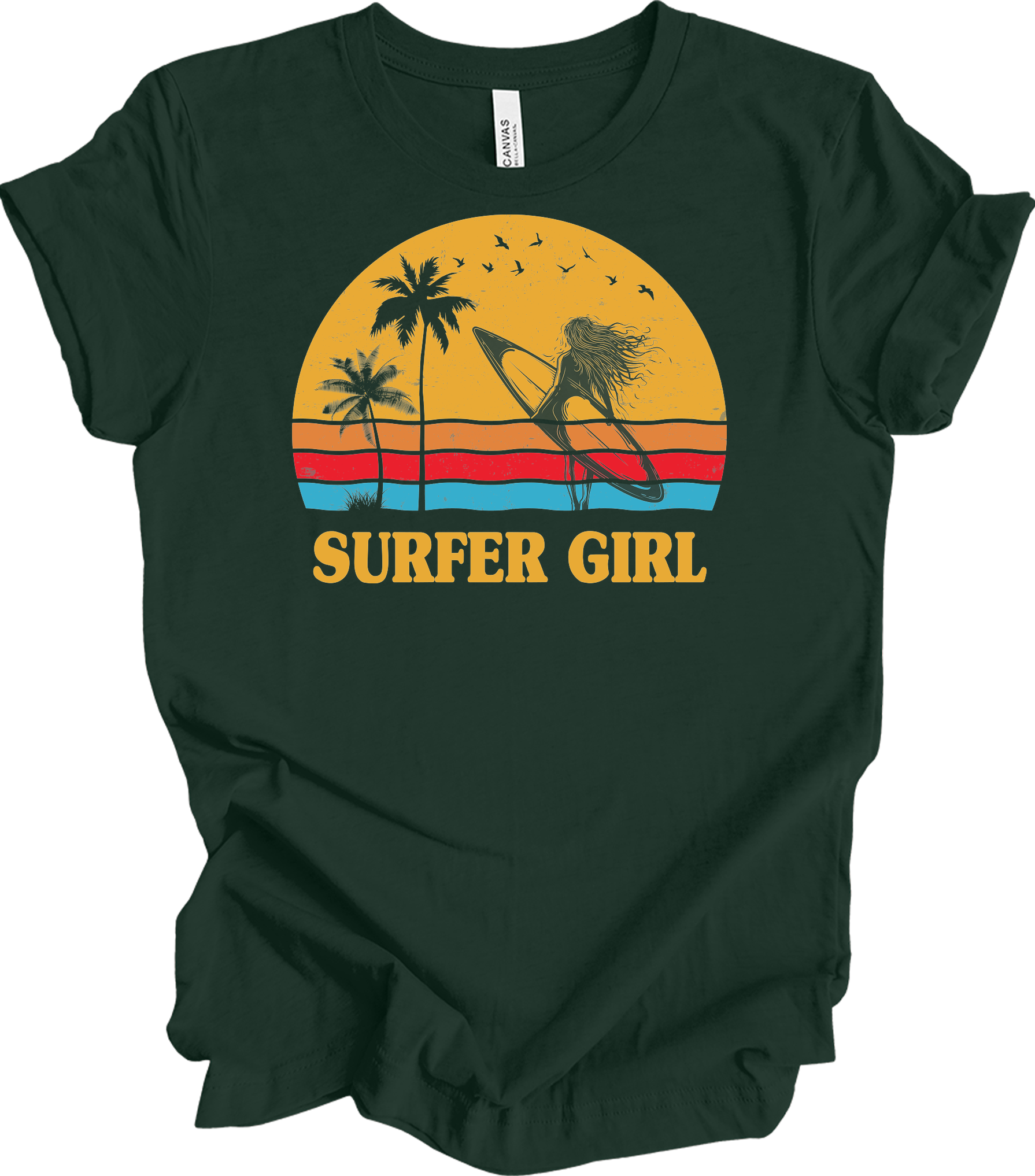 Surfer Girl Vintage Retro 70s Beach Surfing California Lover T-Shirt in Forest