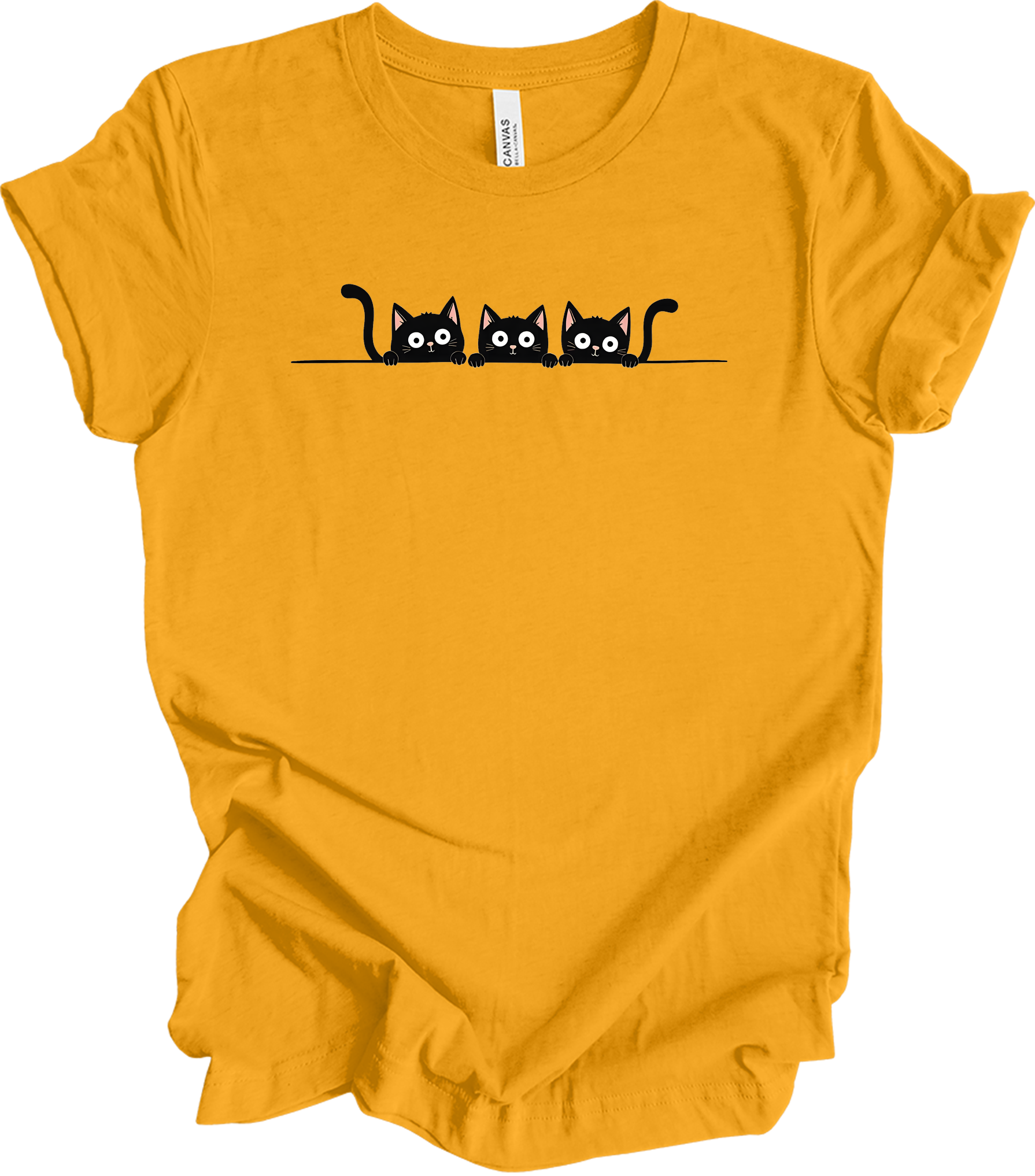 Three Black Cats Cartoon T-Shirt in Gold