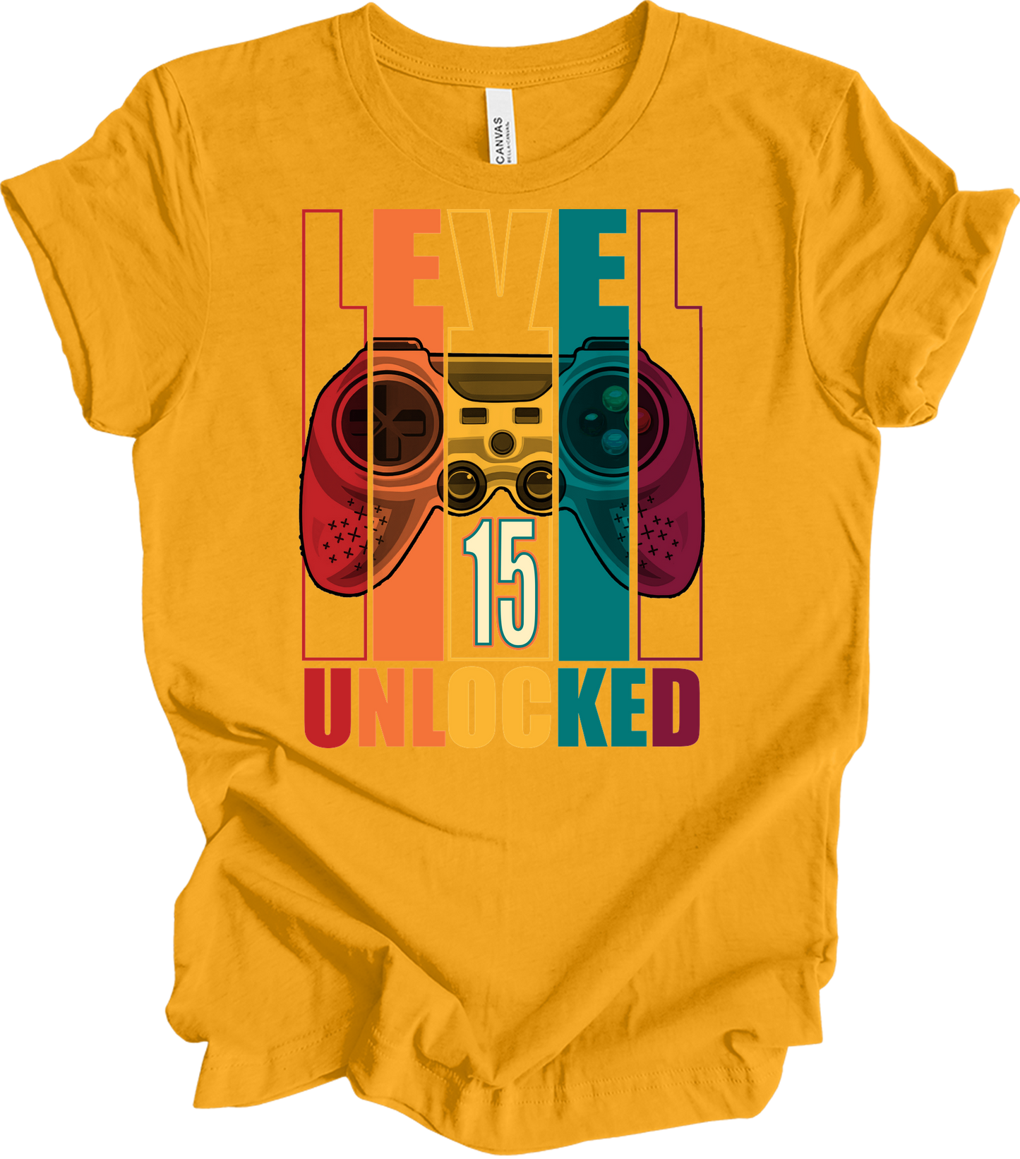 Level 15 Unlocked Gamer T-Shirt in Gold