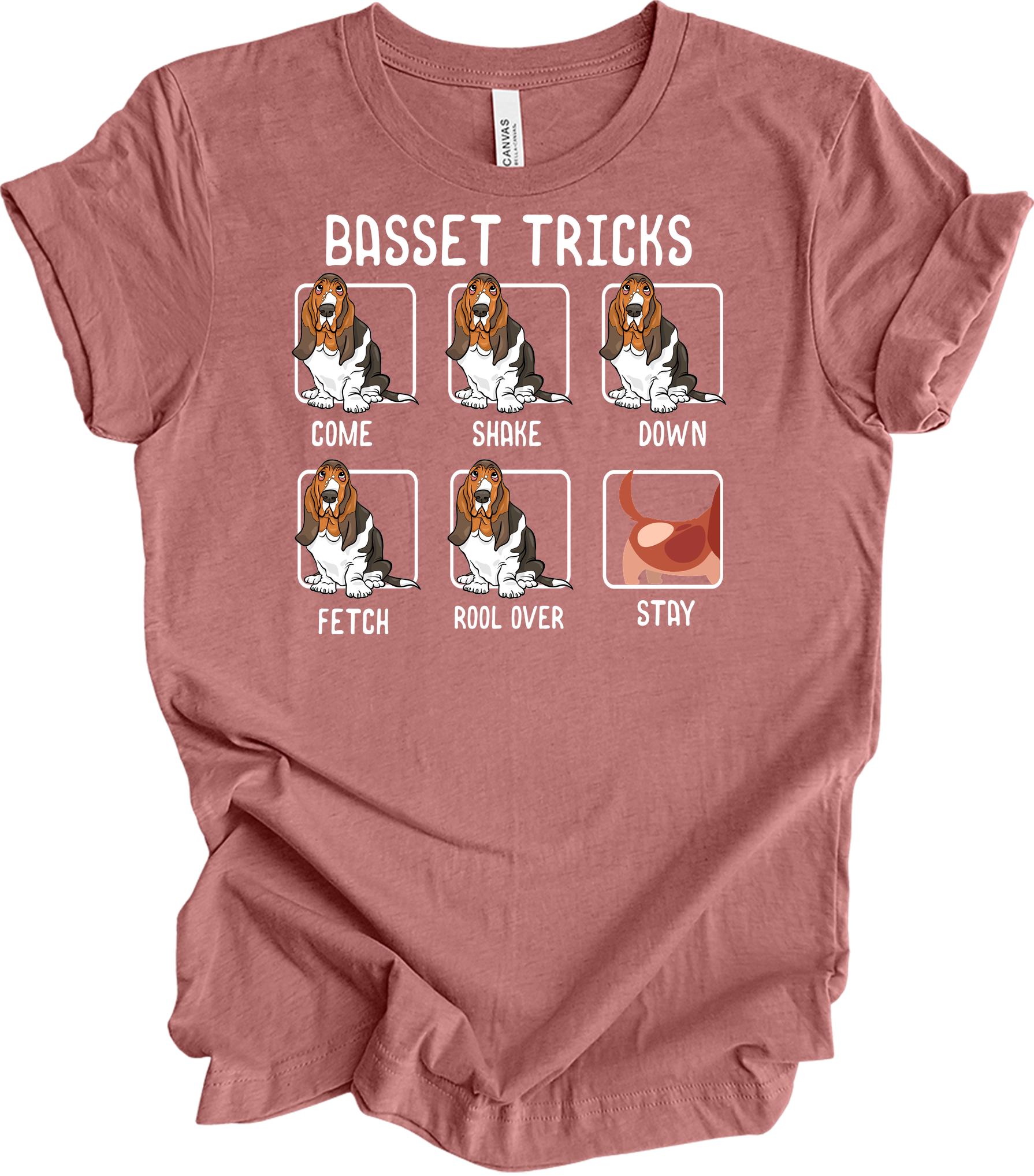 Basset Tricks Dog T-Shirt in Heather Mauve