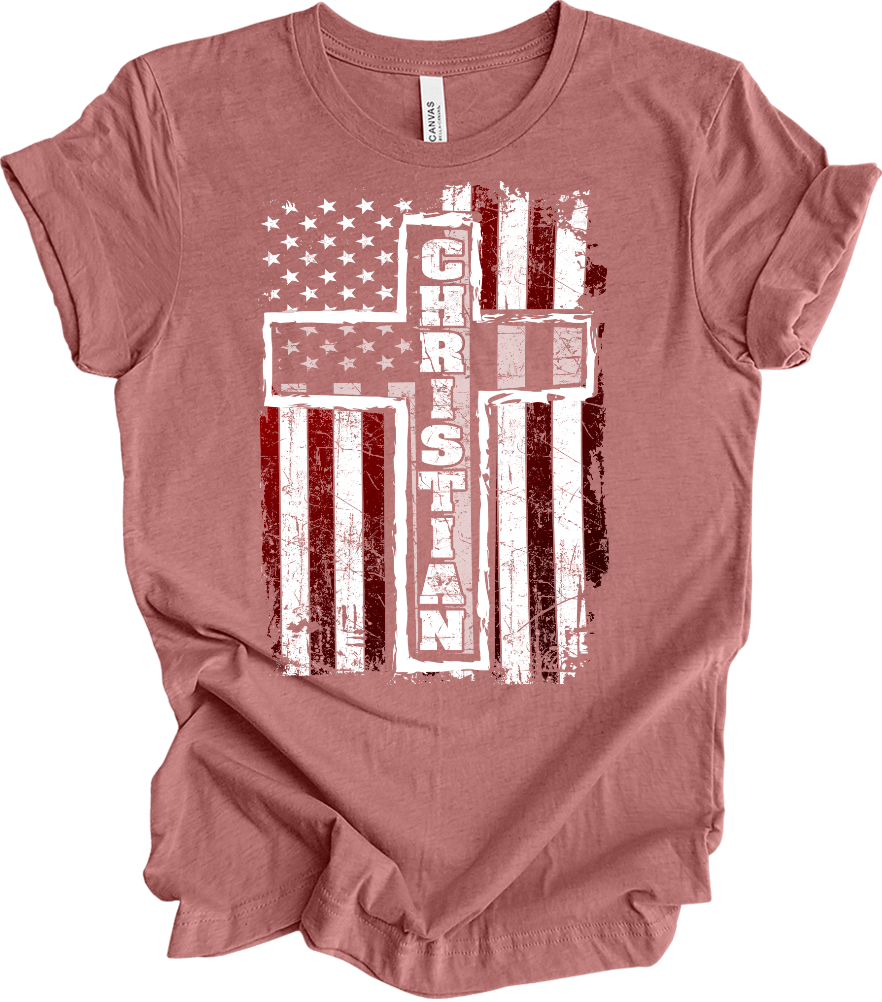 American Flag Cross Christian T-Shirt in Heather Mauve