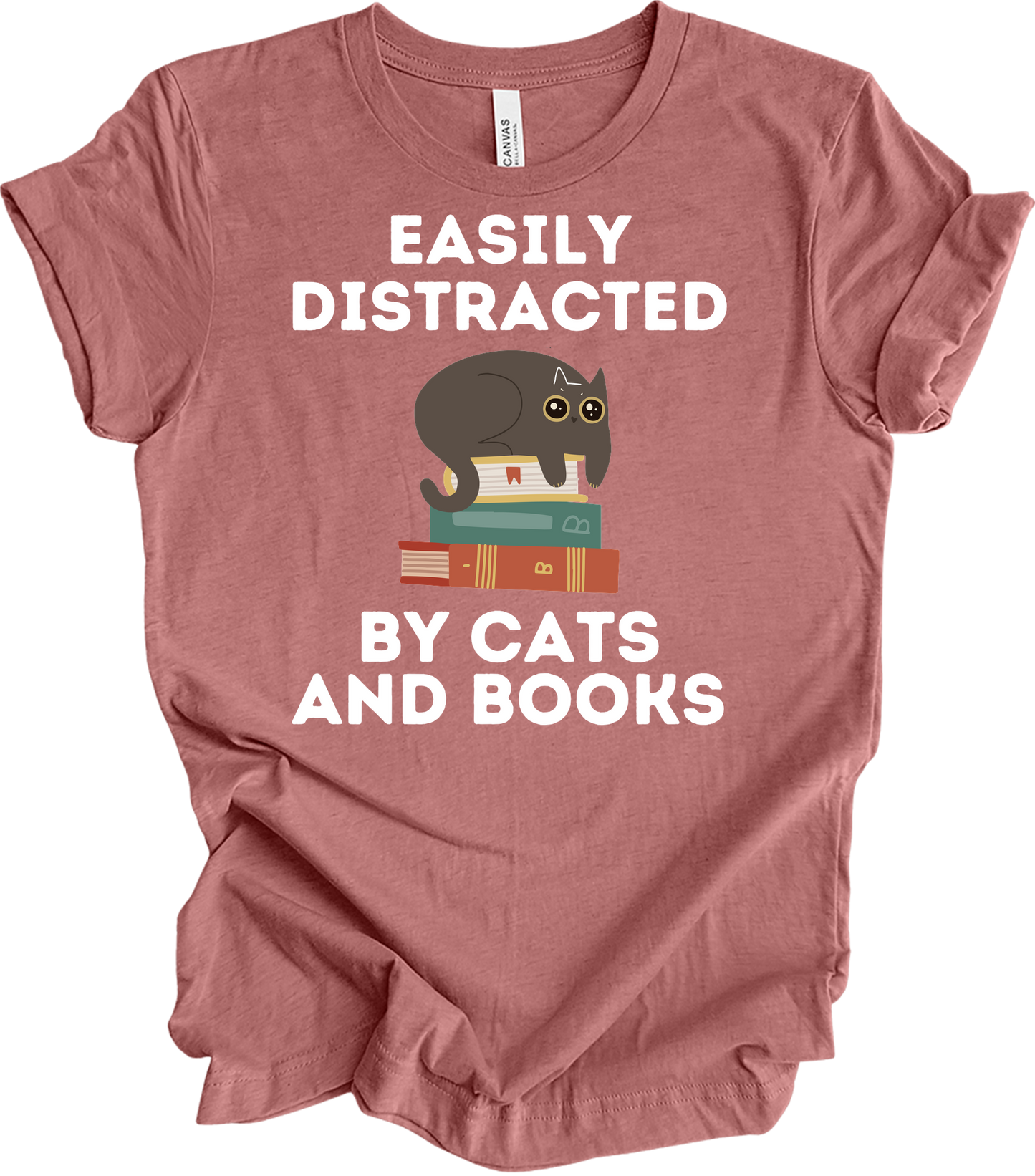 Cats and Books - Cute Cat Lover & Bookworm T-Shirt in Heather Mauve