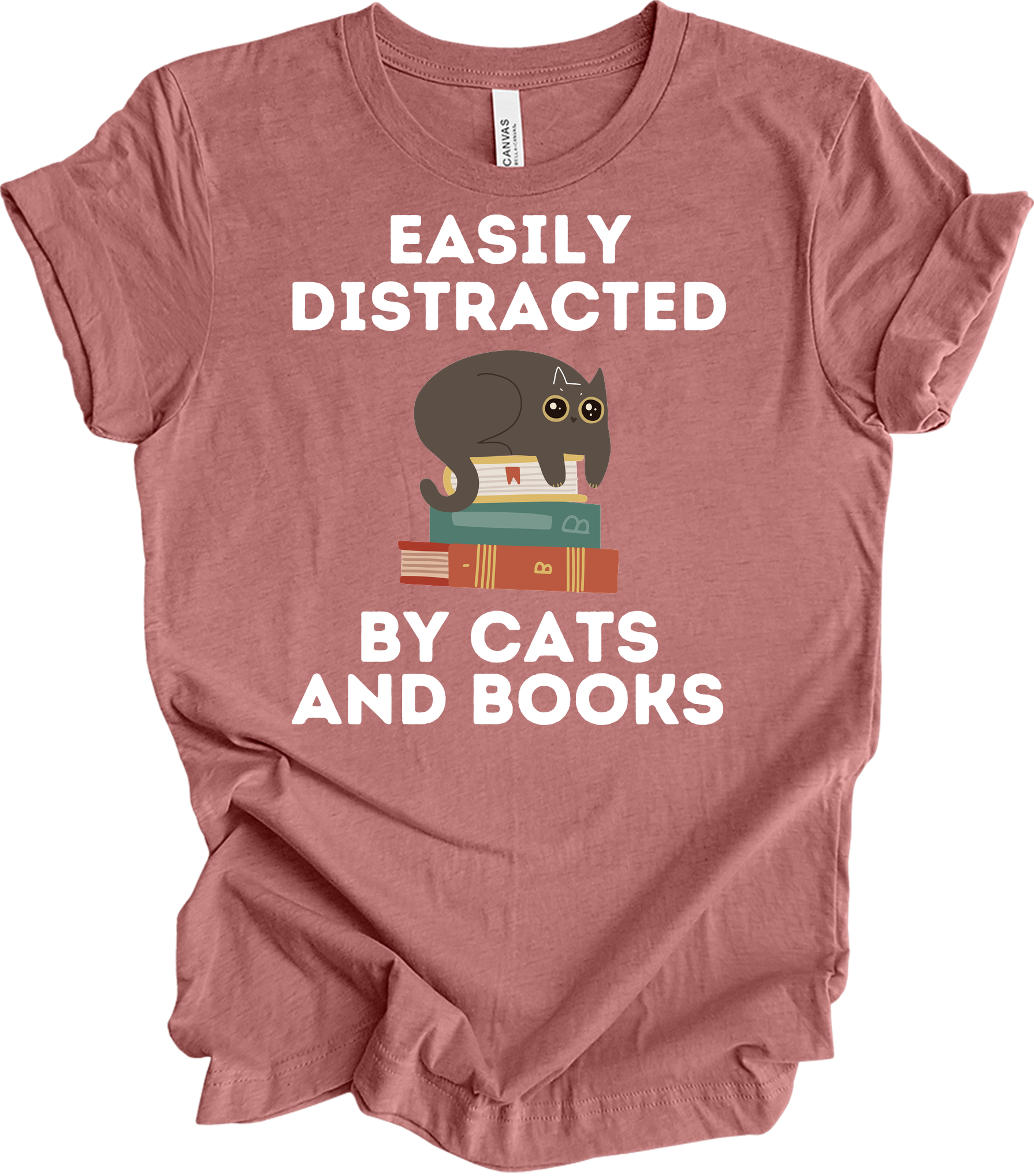 Cats and Books - Cute Cat Lover & Bookworm T-Shirt in Heather Mauve