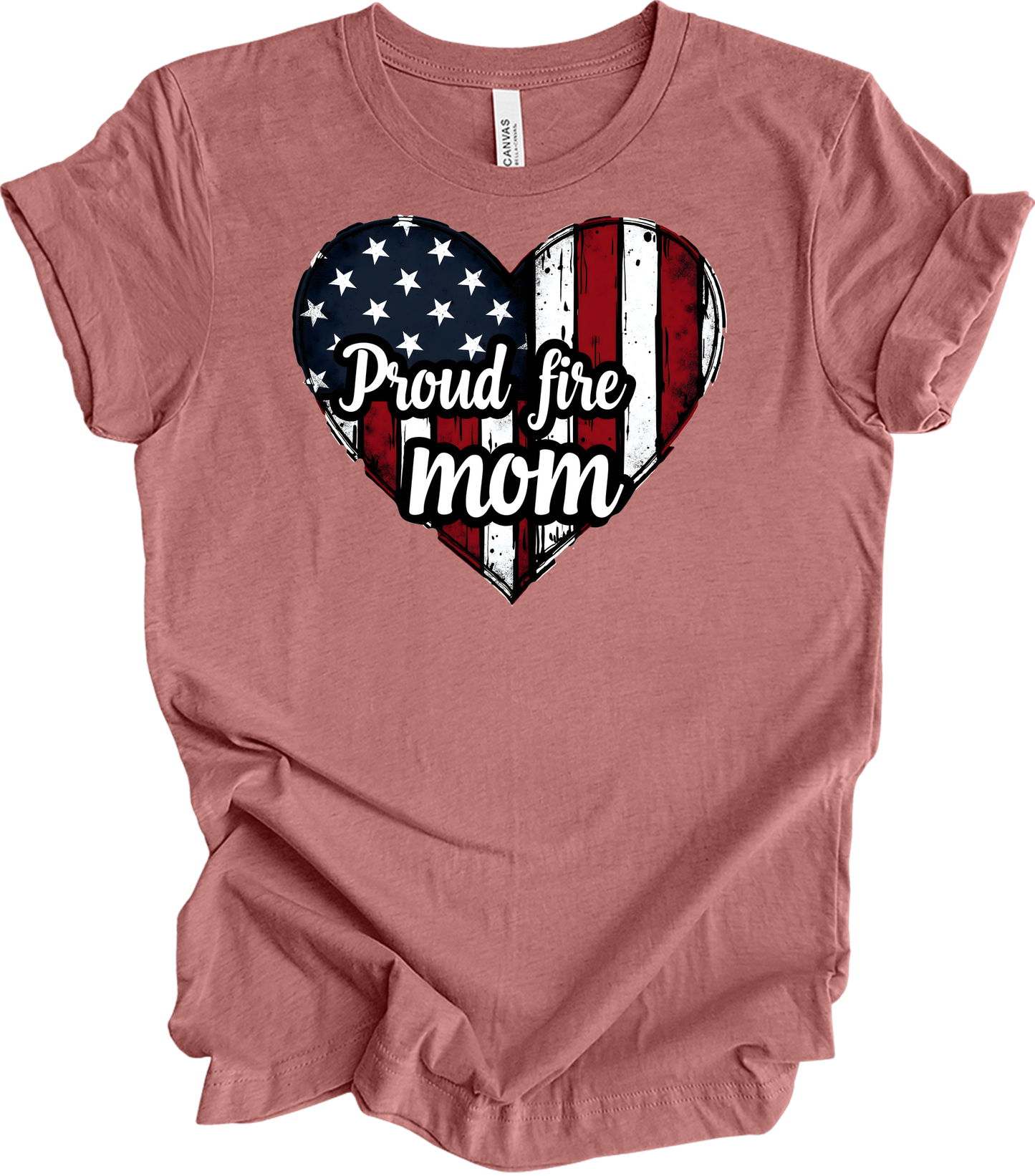Proud Fire Mom - USA Flag Heart T-Shirt in Heather Mauve