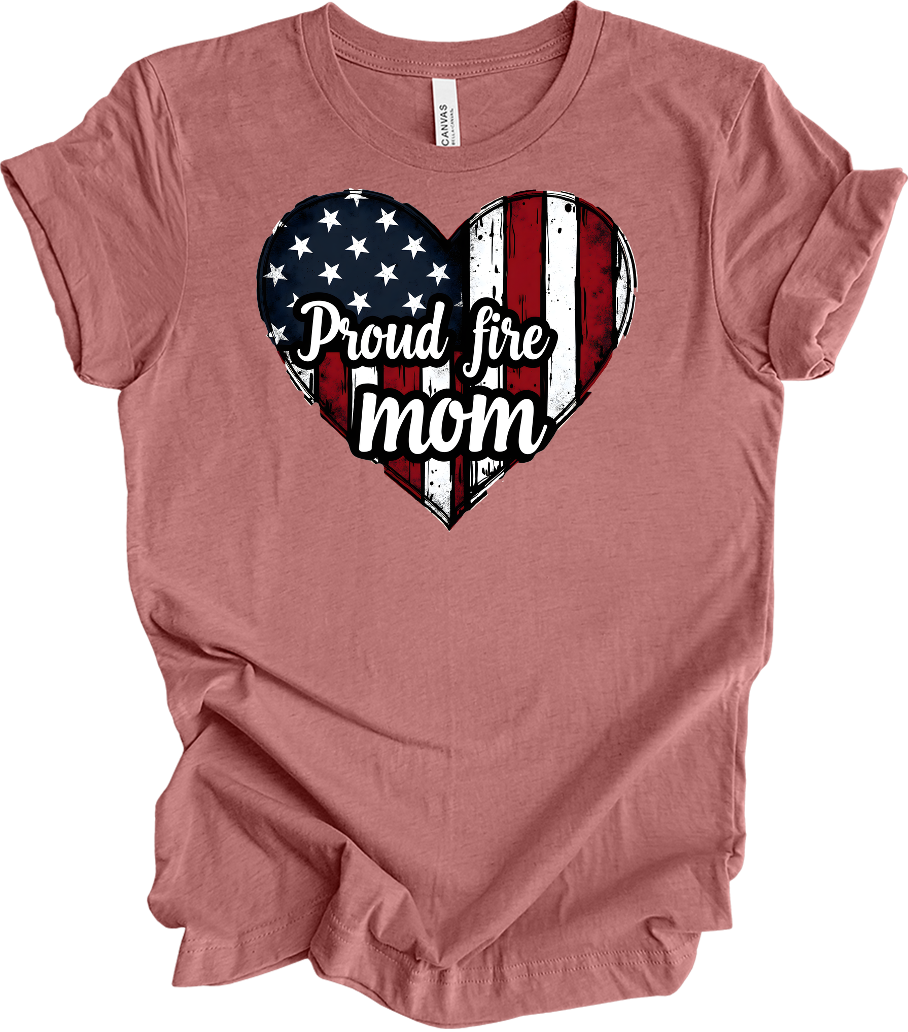 Proud Fire Mom - USA Flag Heart T-Shirt in Heather Mauve