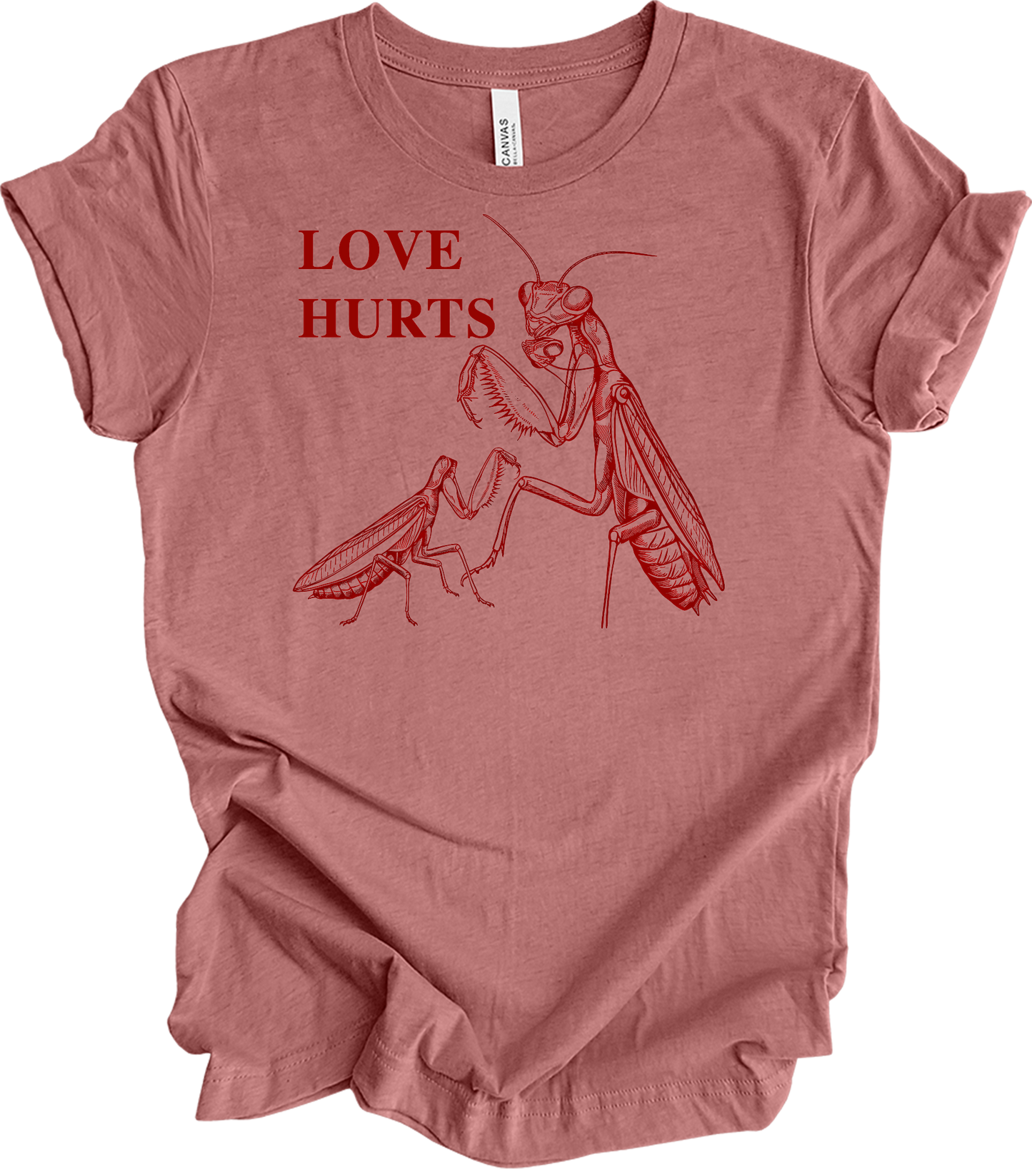 Love Hurts Praying Mantis T-Shirt in Heather Mauve
