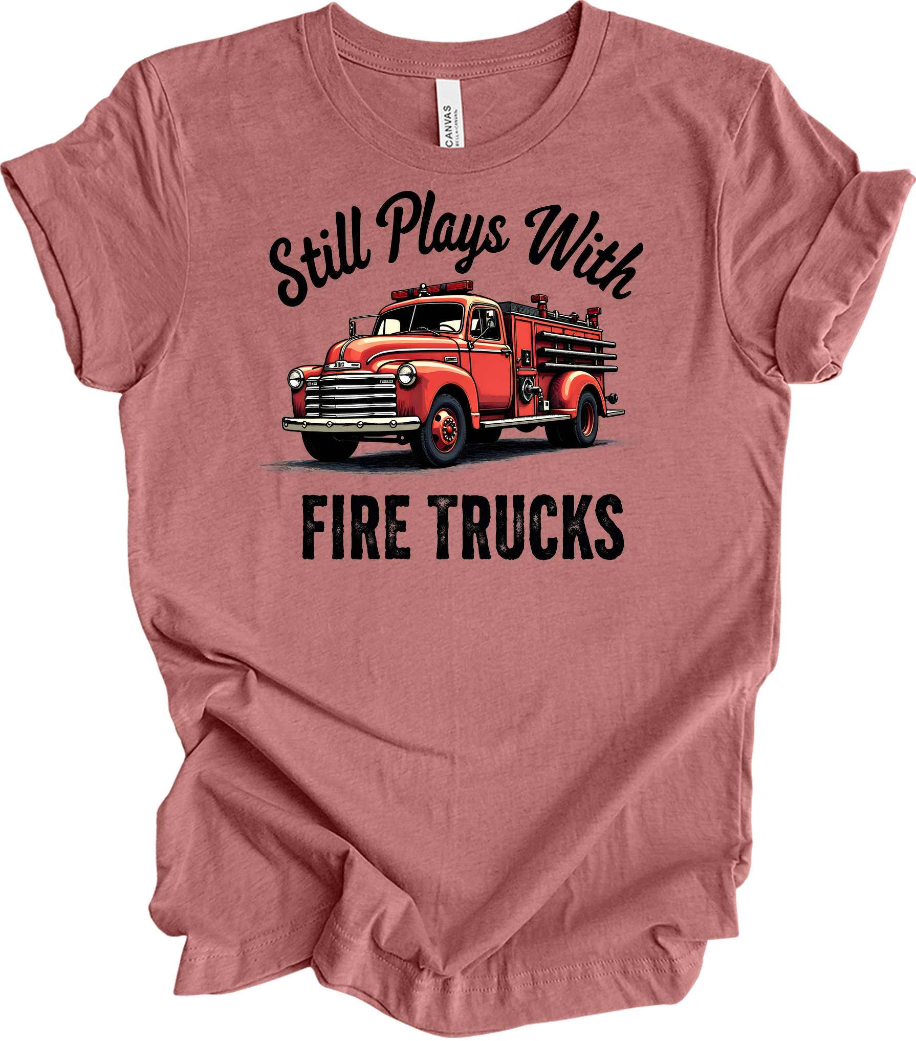 Still Plays With Fire Trucks T-Shirt in Heather Mauve