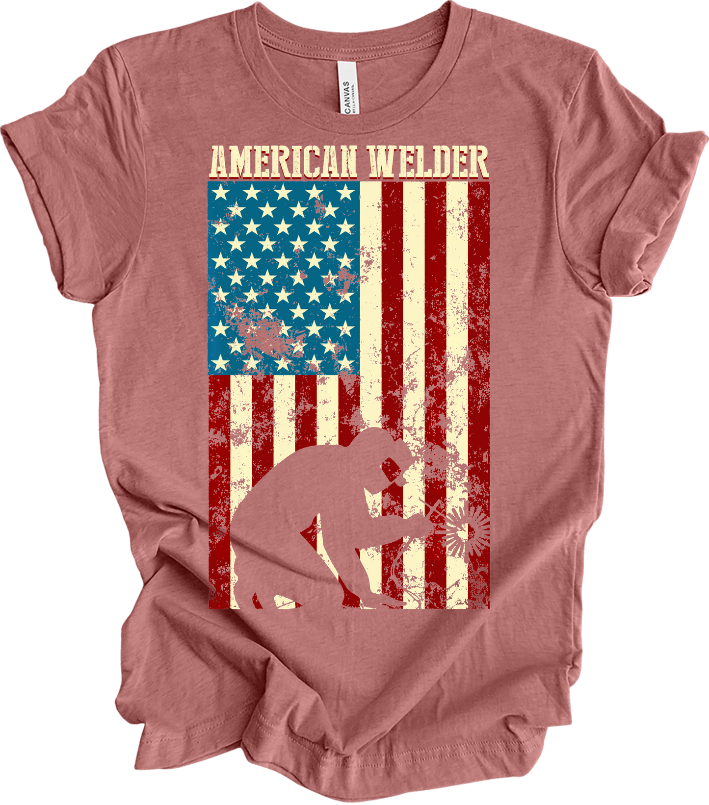 American Flag Welder T-Shirt in Heather Mauve
