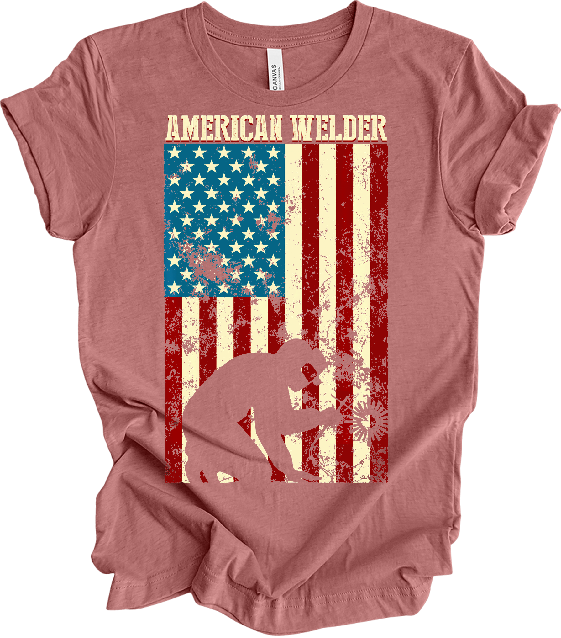 American Flag Welder T-Shirt in Heather Mauve