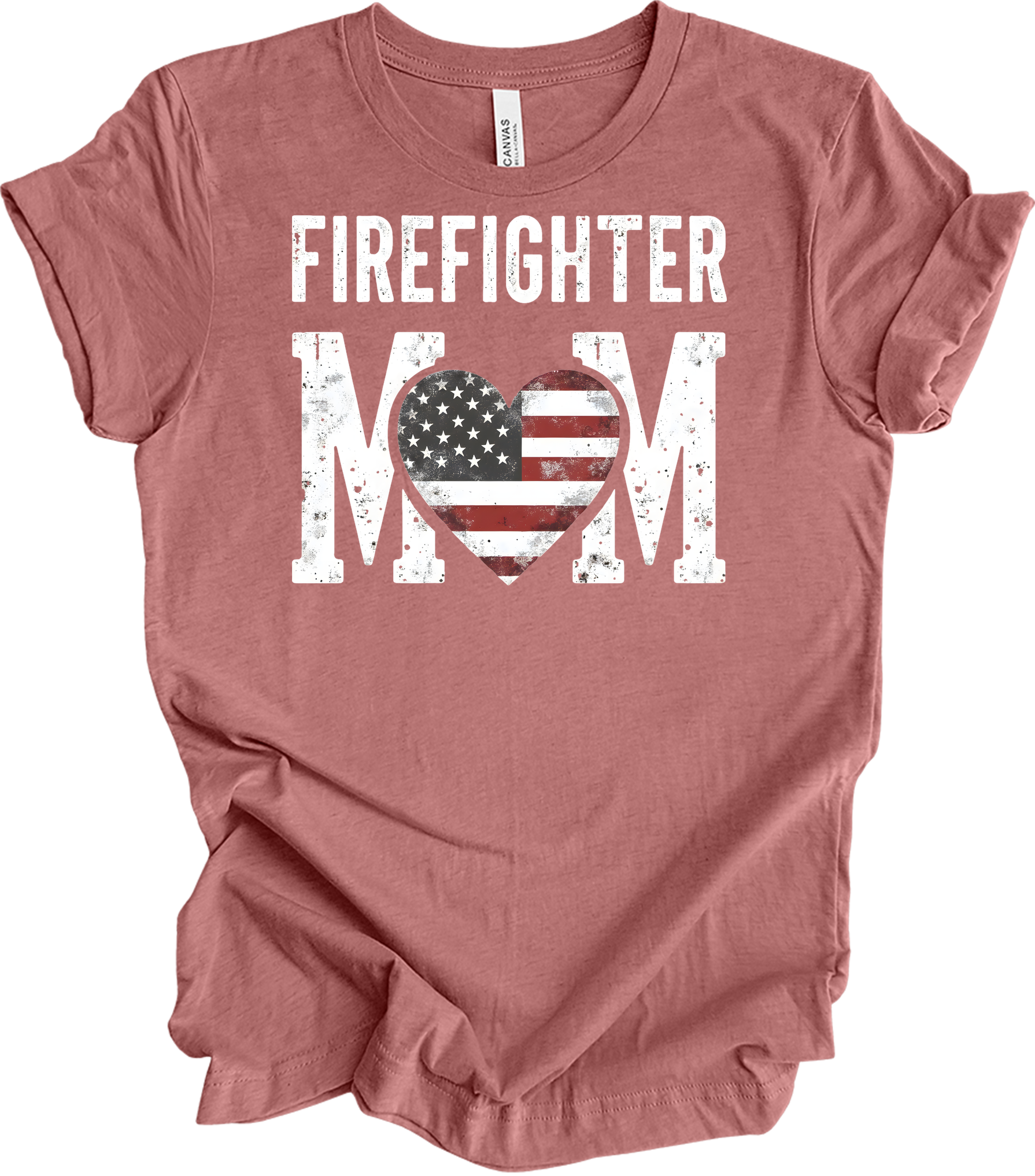 Firefighter Mom Flag Heart T-Shirt in Heather Mauve