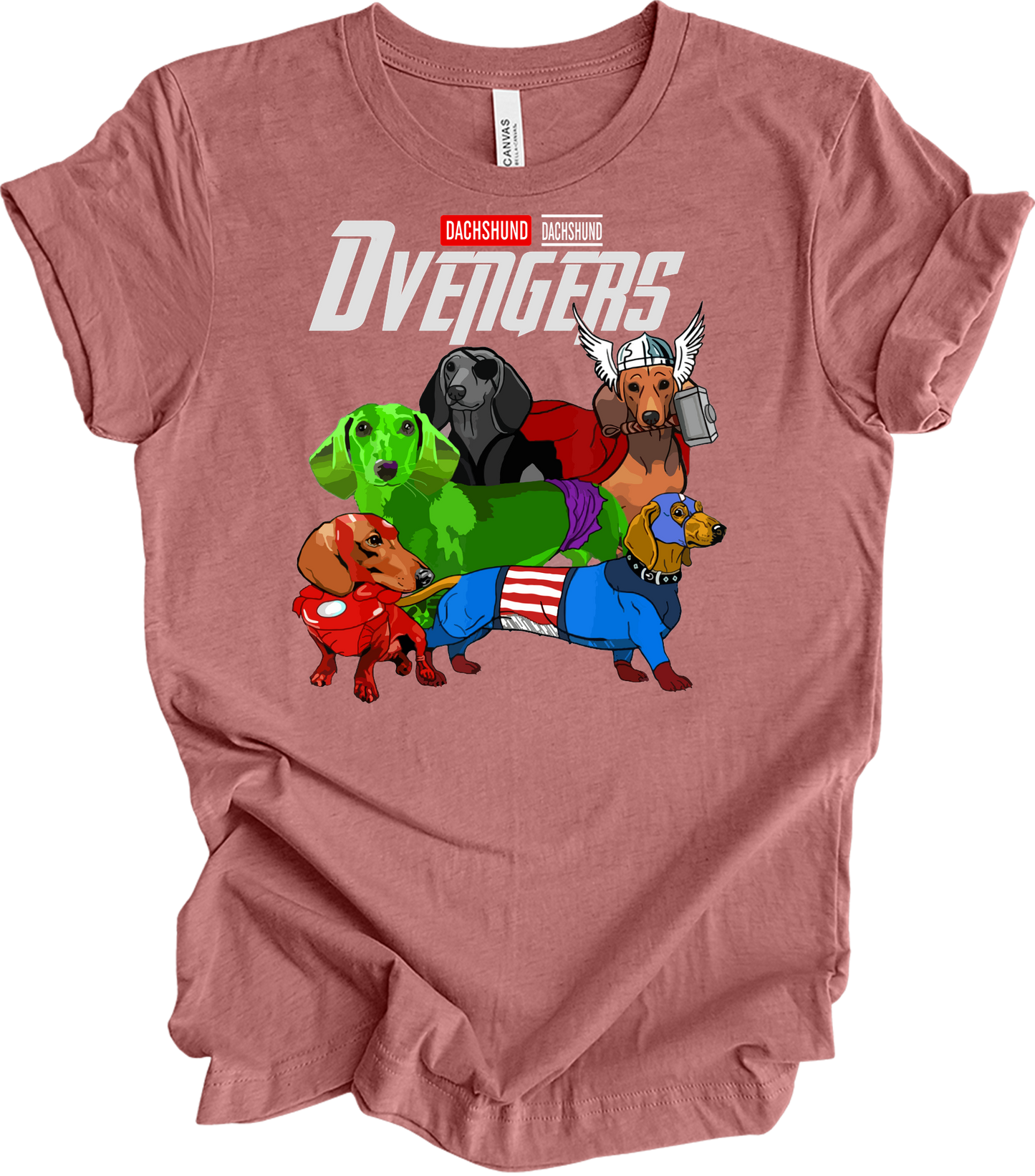 Dachshund Dvengers Funny Dog Lover Superhero T-Shirt in Heather Mauve