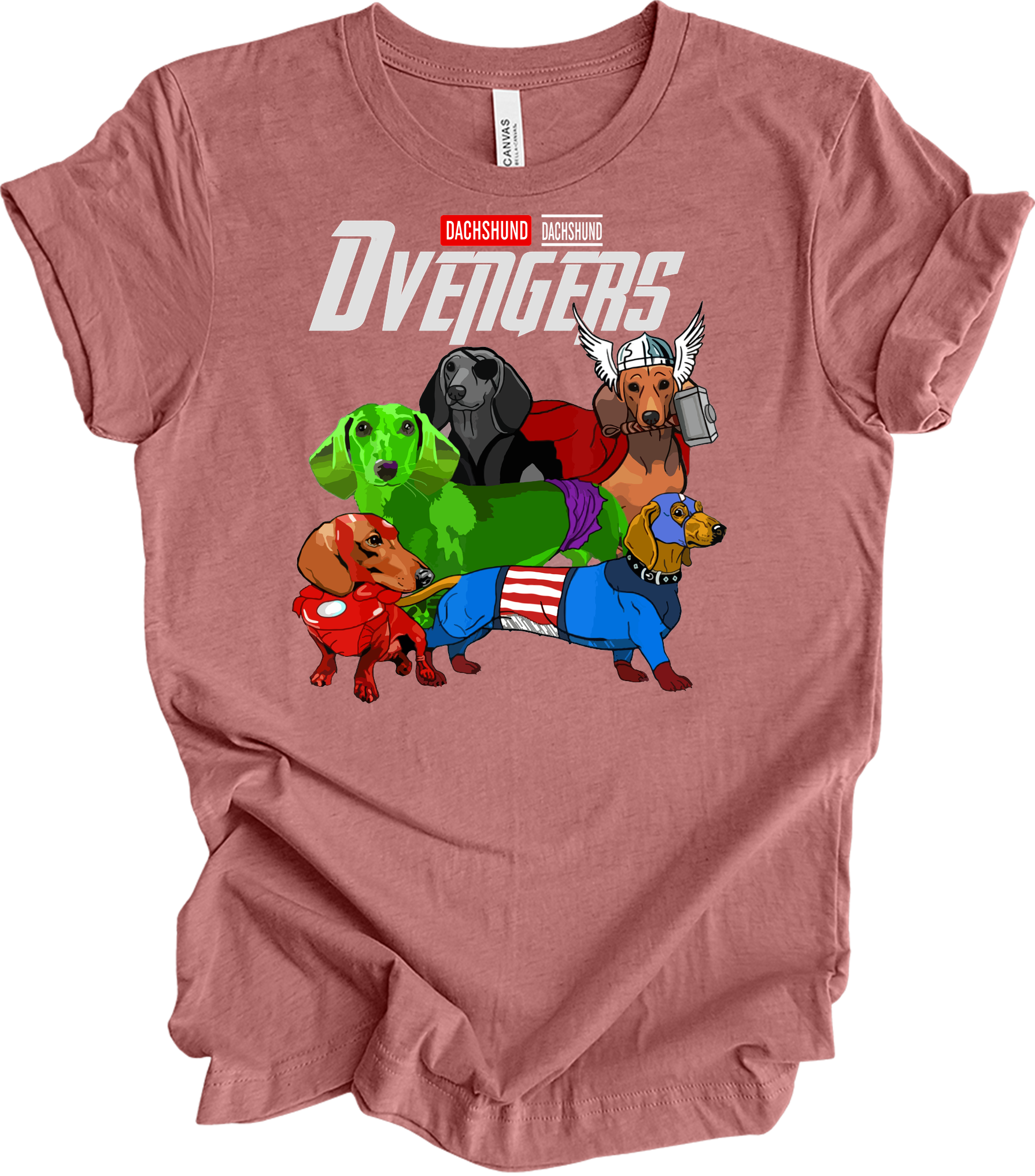 Dachshund Dvengers Funny Dog Lover Superhero T-Shirt in Heather Mauve