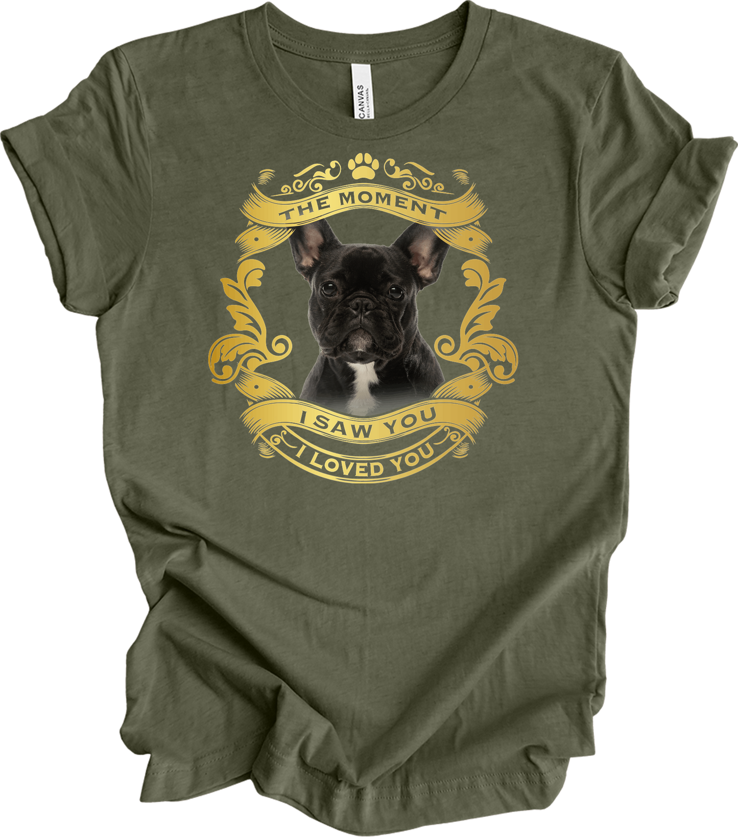 French Bulldog 'Love' T-Shirt in Heather Military Green