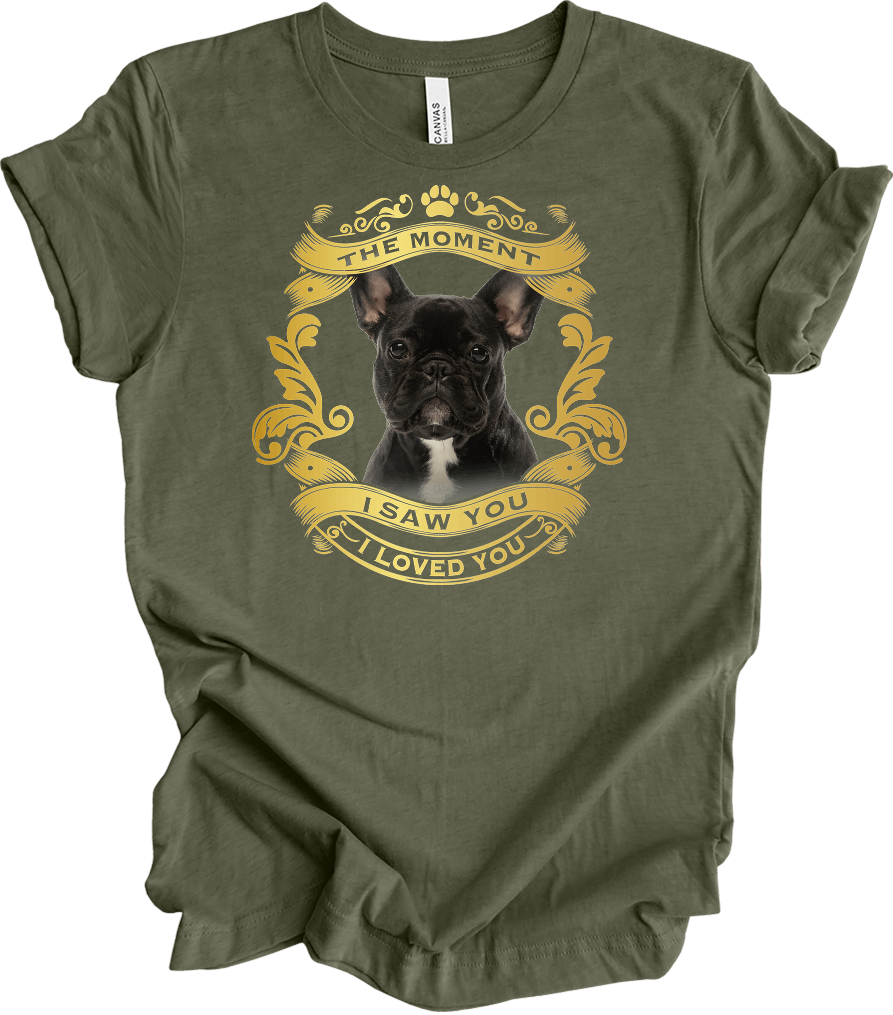 French Bulldog 'Love' T-Shirt in Heather Military Green