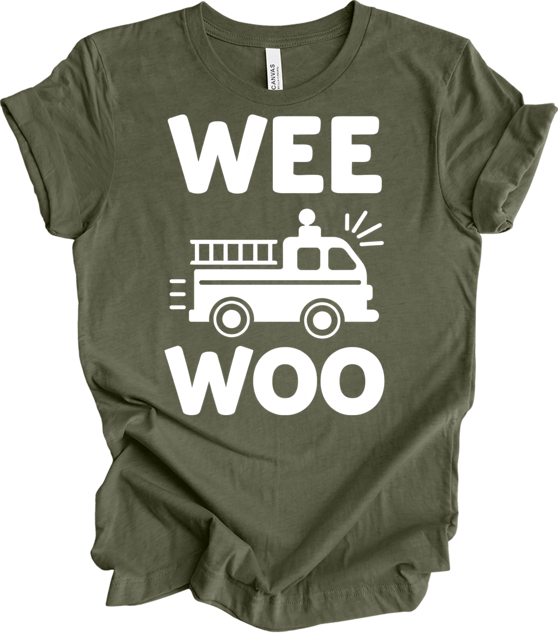 Wee Woo Fire Truck T-Shirt in Heather Military Green