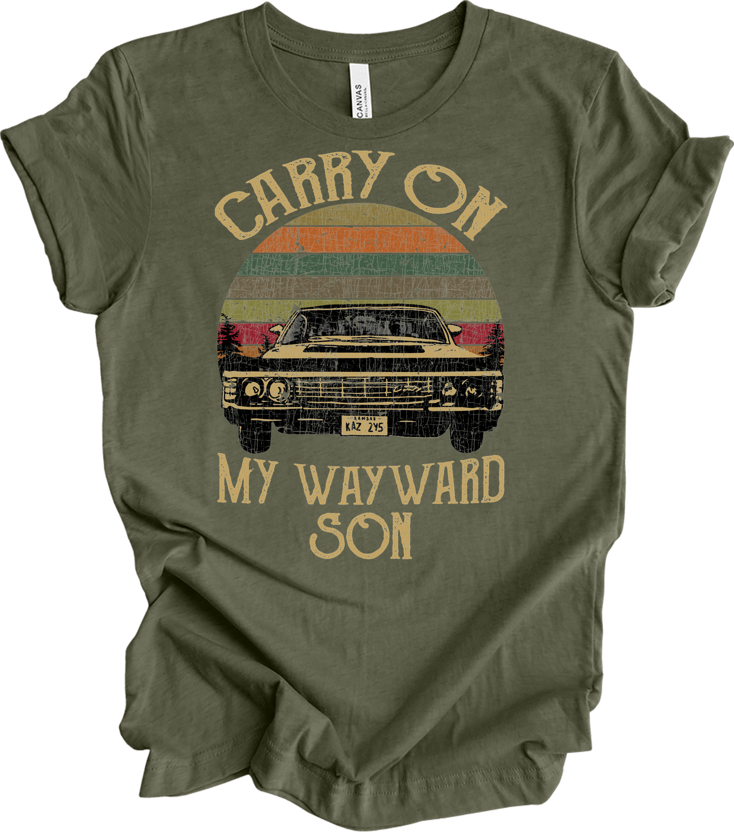 Carry On Wayward Son Supernatural Vintage T-Shirt in Heather Military Green