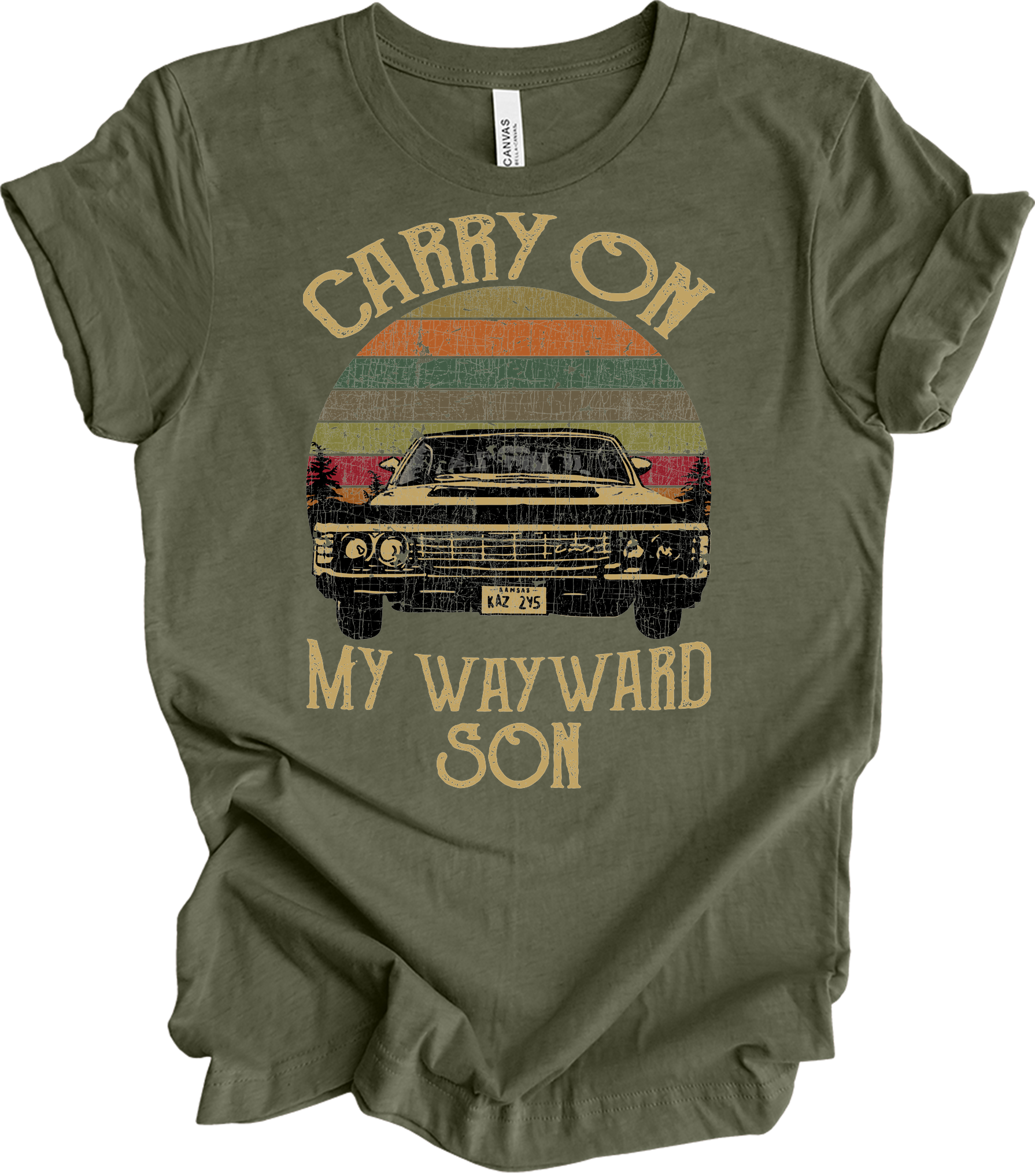 Carry On Wayward Son Supernatural Vintage T-Shirt in Heather Military Green