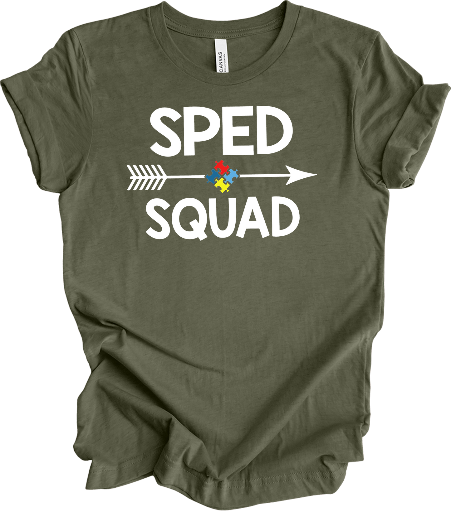 Education Teacher Sped Squad Special Education Autism Awareness T-Shirt in Heather Military Green