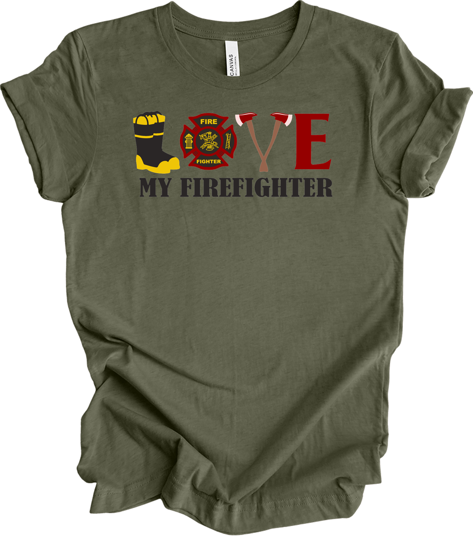 I Love My Firefighter - Fire Wife & Husband Gift T-Shirt in Heather Military Green