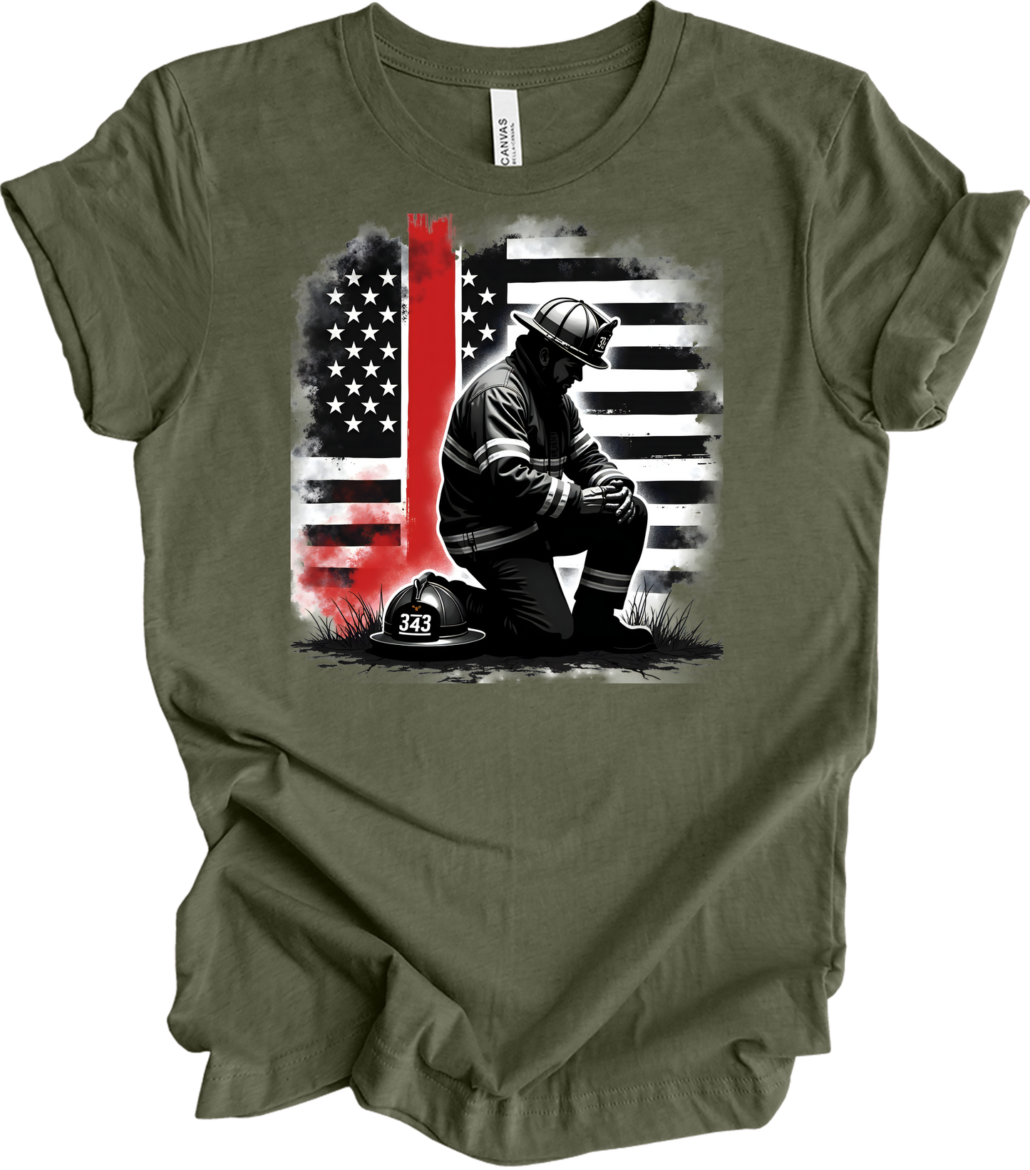 Firefighter Flag Tribute T-Shirt in Heather Military Green