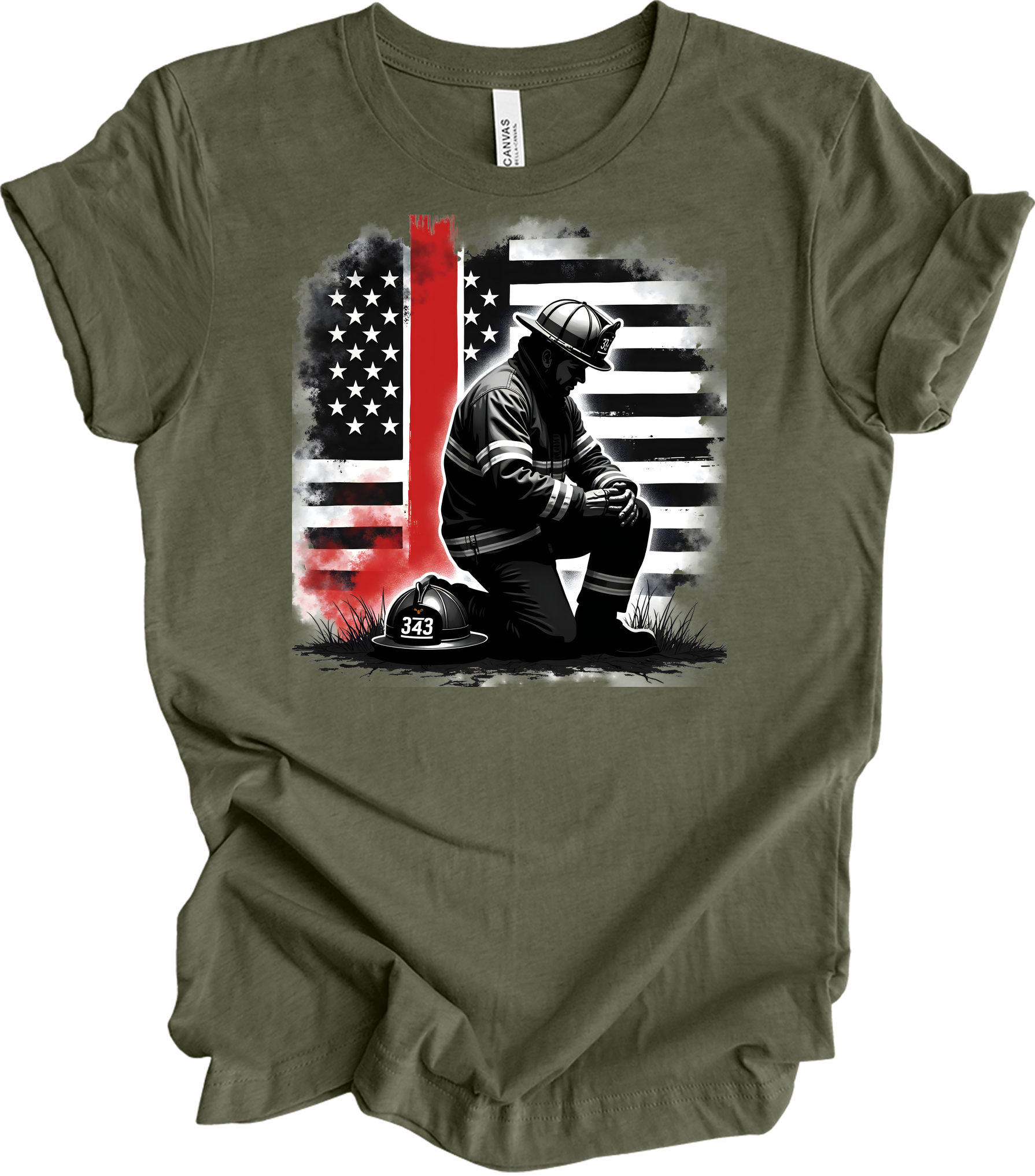 Firefighter Flag Tribute T-Shirt in Heather Military Green