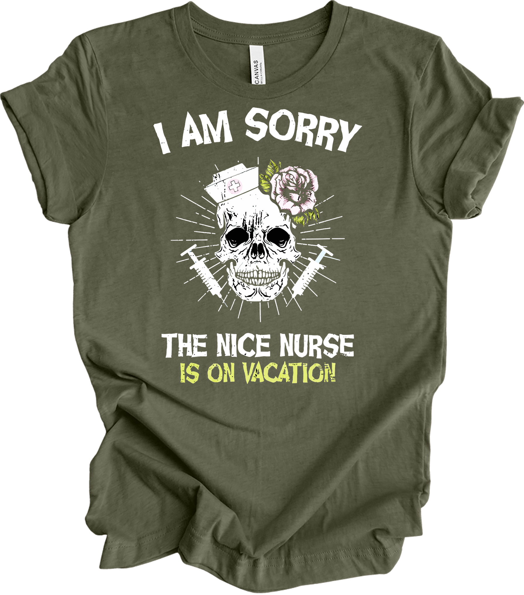 Nice Nurse Vacation Skull T-Shirt in Heather Military Green