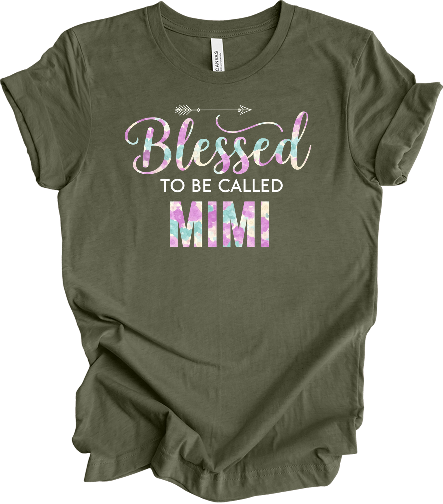 Blessed Mimi Floral Gift T-Shirt in Heather Military Green