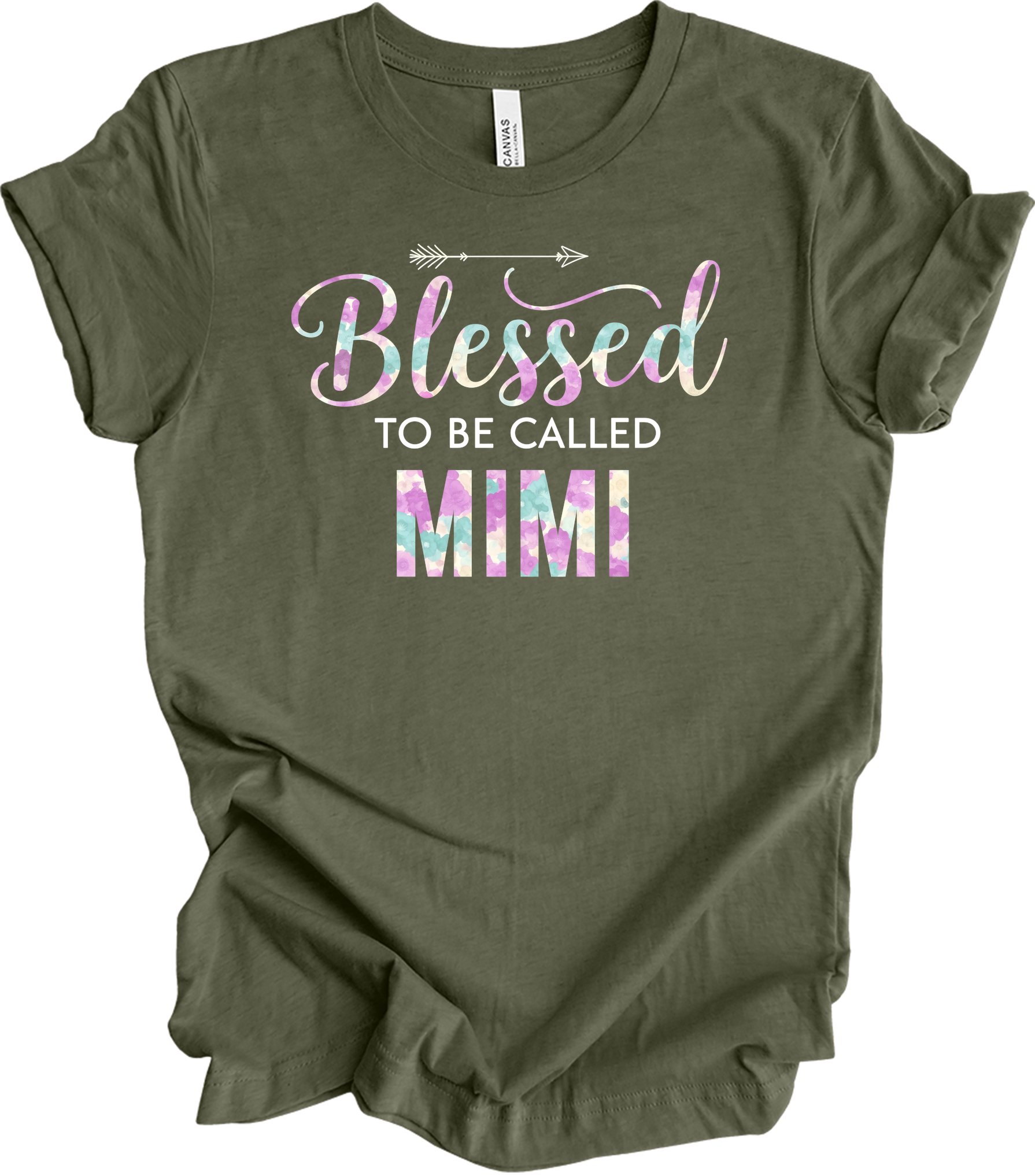 Blessed Mimi Floral Gift T-Shirt in Heather Military Green