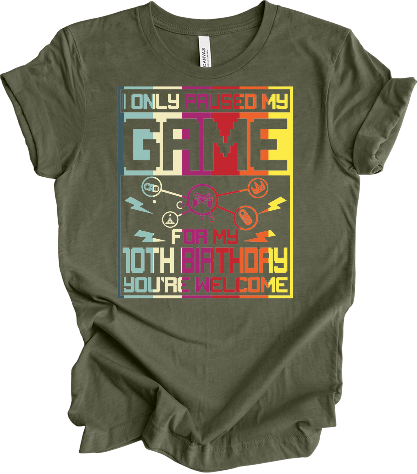 Paused Game 10th Birthday T-Shirt in Heather Military Green