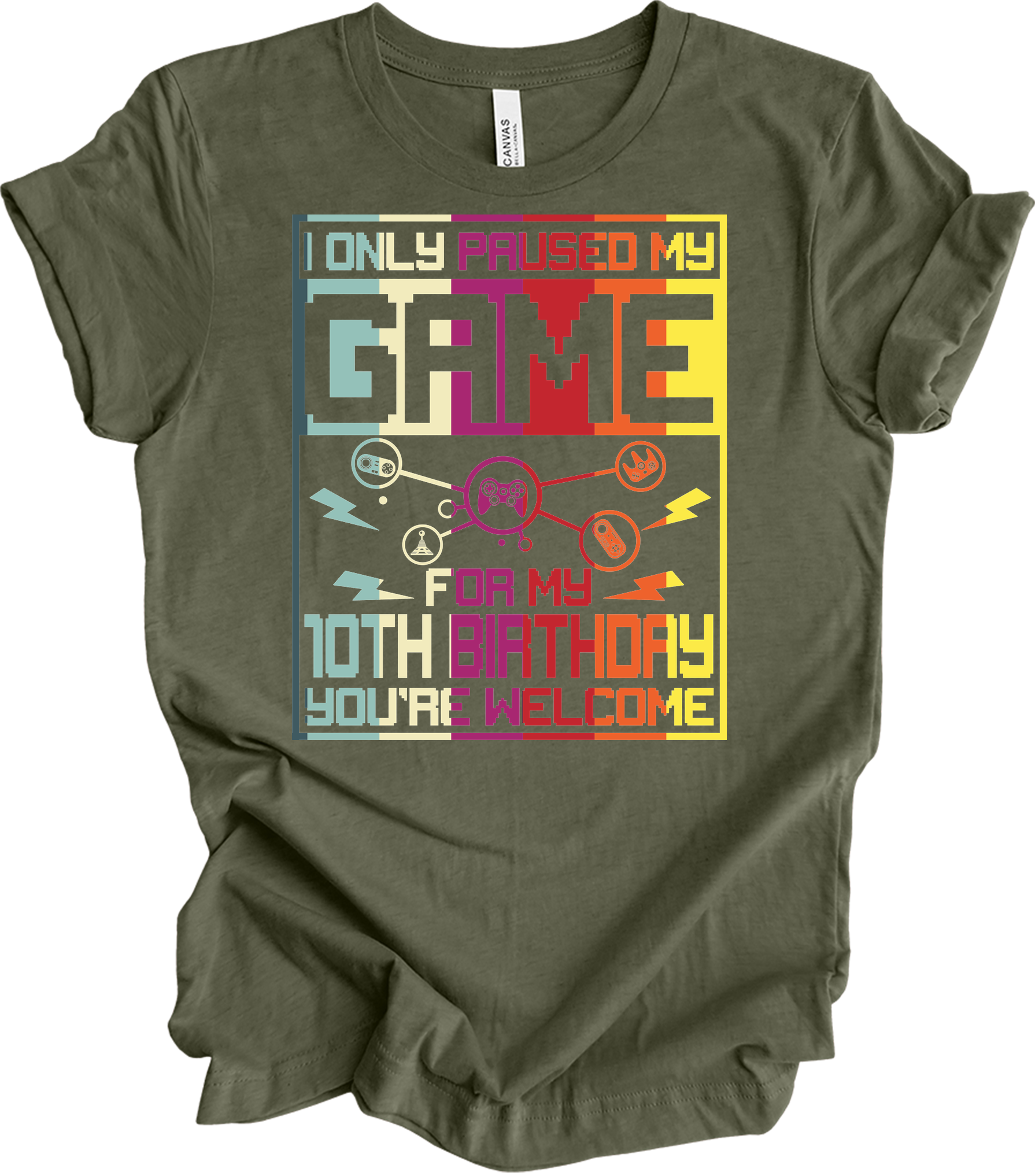 Paused Game 10th Birthday T-Shirt in Heather Military Green