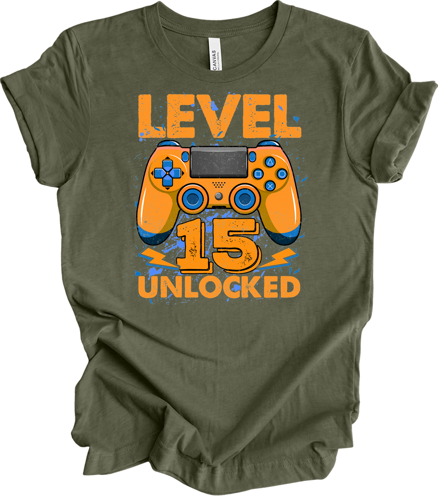 Level 15 Unlocked Gamer T-Shirt in Heather Military Green