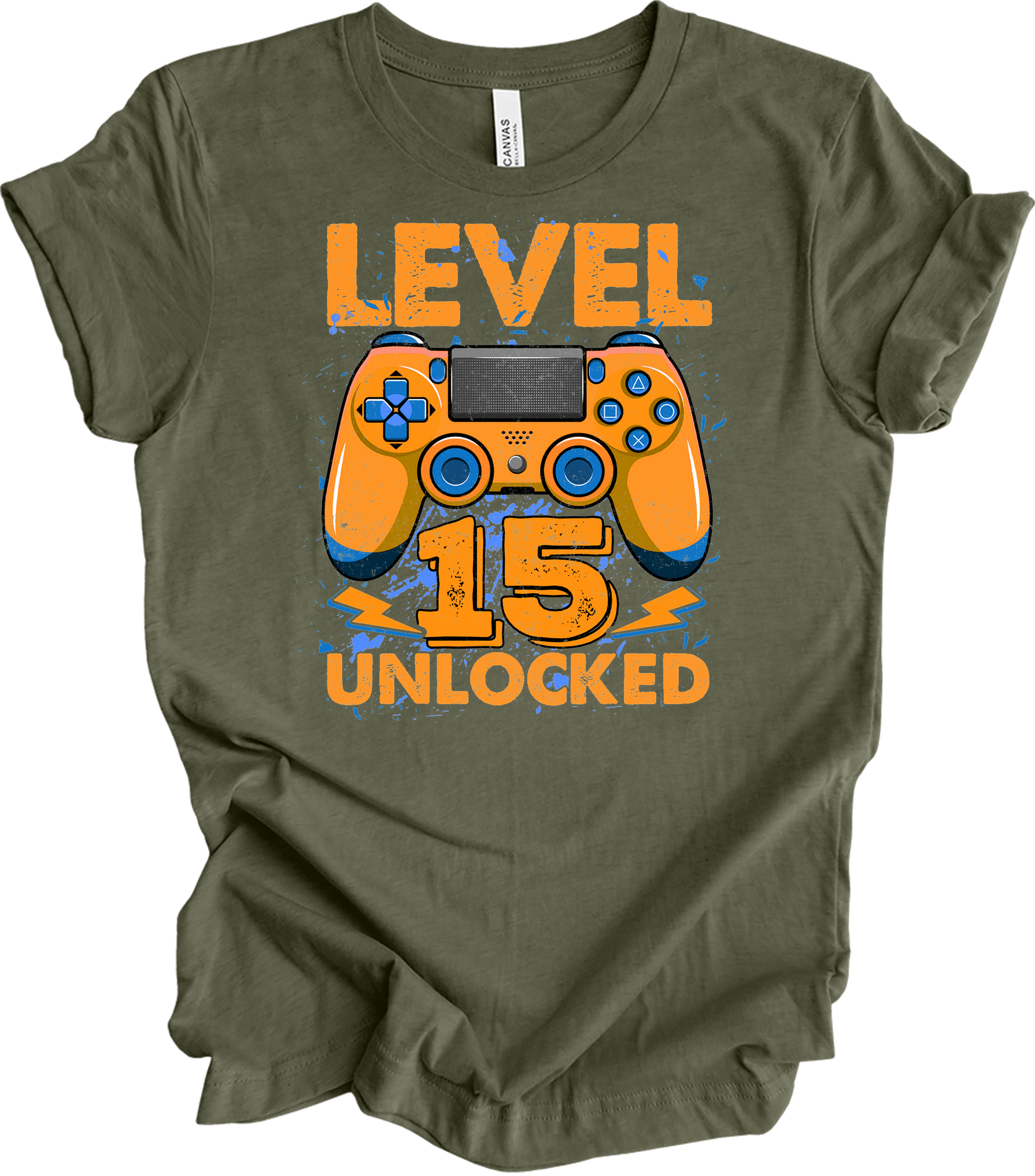 Level 15 Unlocked Gamer T-Shirt in Heather Military Green