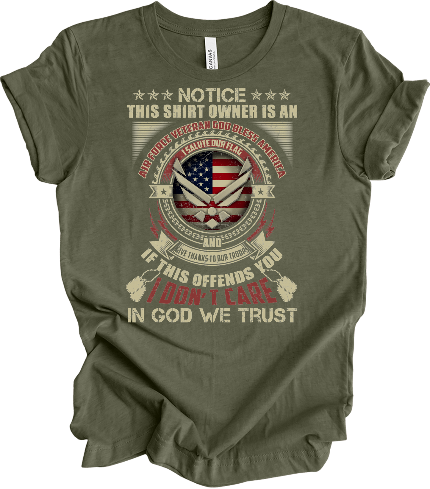 Air Force Veteran US Military Patriotic T-Shirt in Heather Military Green