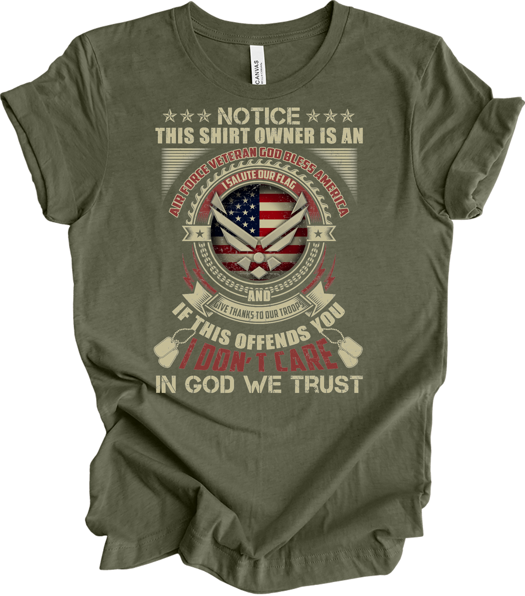 Air Force Veteran US Military Patriotic T-Shirt in Heather Military Green