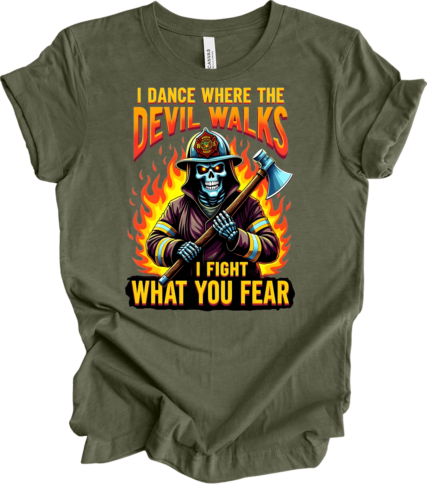 Firefighter - Devil Walks T-Shirt in Heather Military Green
