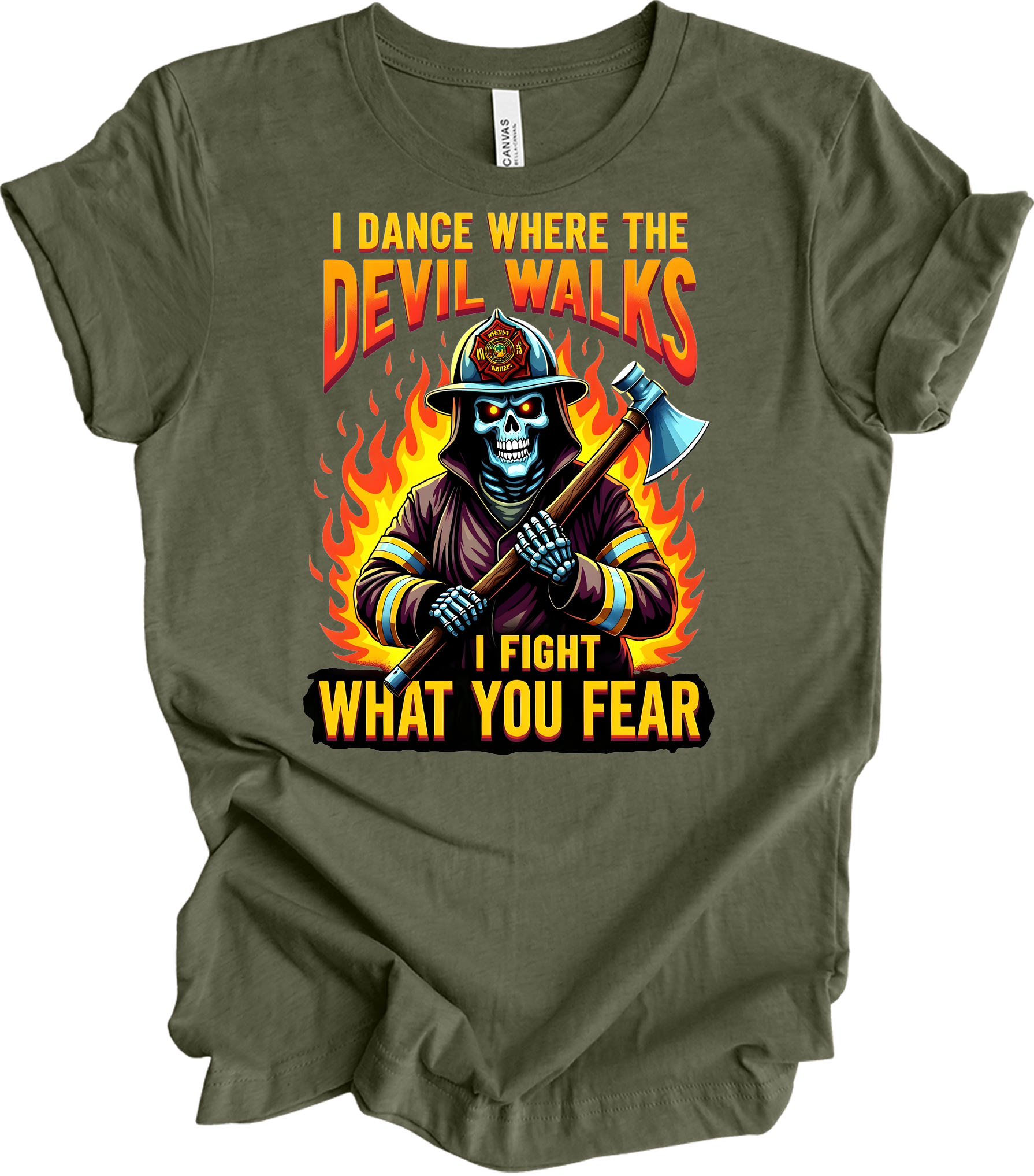 Firefighter - Devil Walks T-Shirt in Heather Military Green